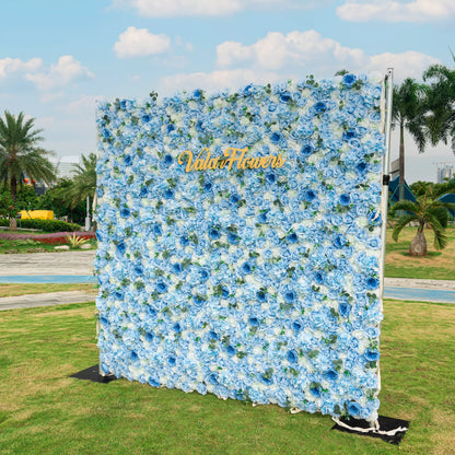 ValarFlowers Azure Adoration: Um balé encantador de flores mistas azuis e brancas e flores verdes e ondas sussurrantes Floral Wall- VF-067