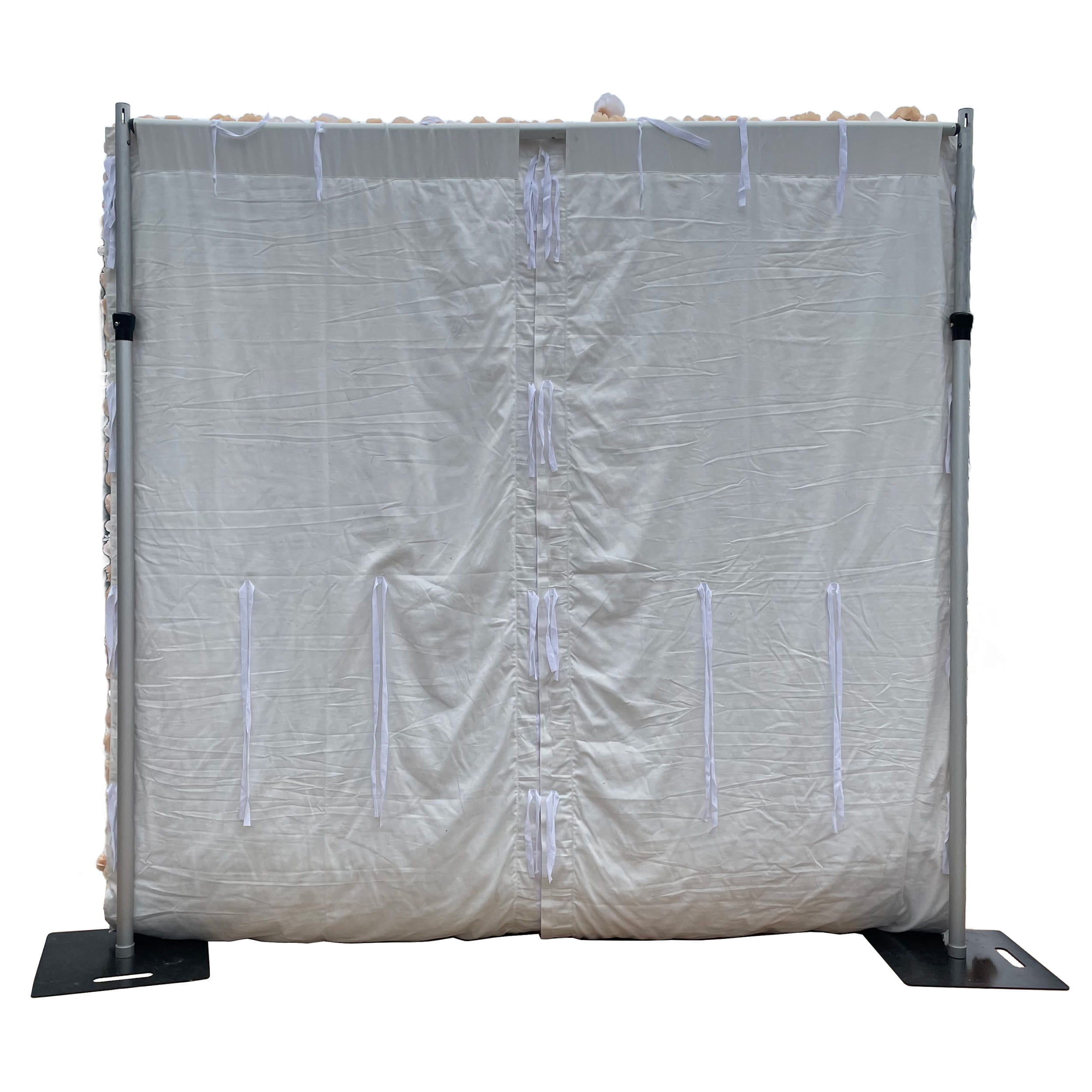 The back view of the ValarFlowers floral wall, revealing a sturdy metal frame and white fabric cover with ties. Designed for stability and easy setup, it ensures elegance from the front and durability behind.