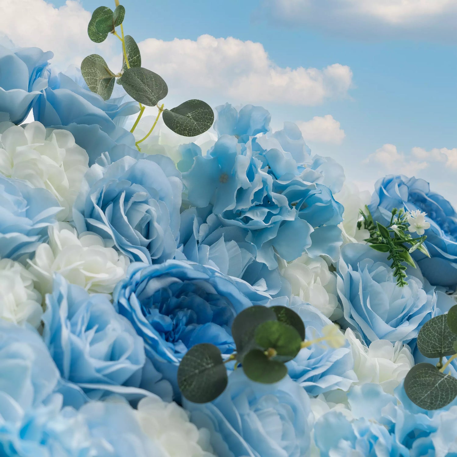 ValarFlowers Azure Adoration: An Enchanting Ballet of Mixed Baby Blue and White Green Flower Blooms and Whispering Waves Floral Wall- VF-067