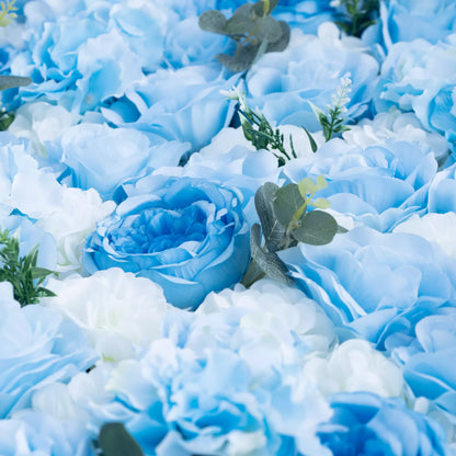 ValarFlowers Azure Adoration: باليه ساحر من أزهار الزهور الخضراء والزرقاء والبيضاء المختلطة وجدار الأزهار الهامس للأمواج - VF-067