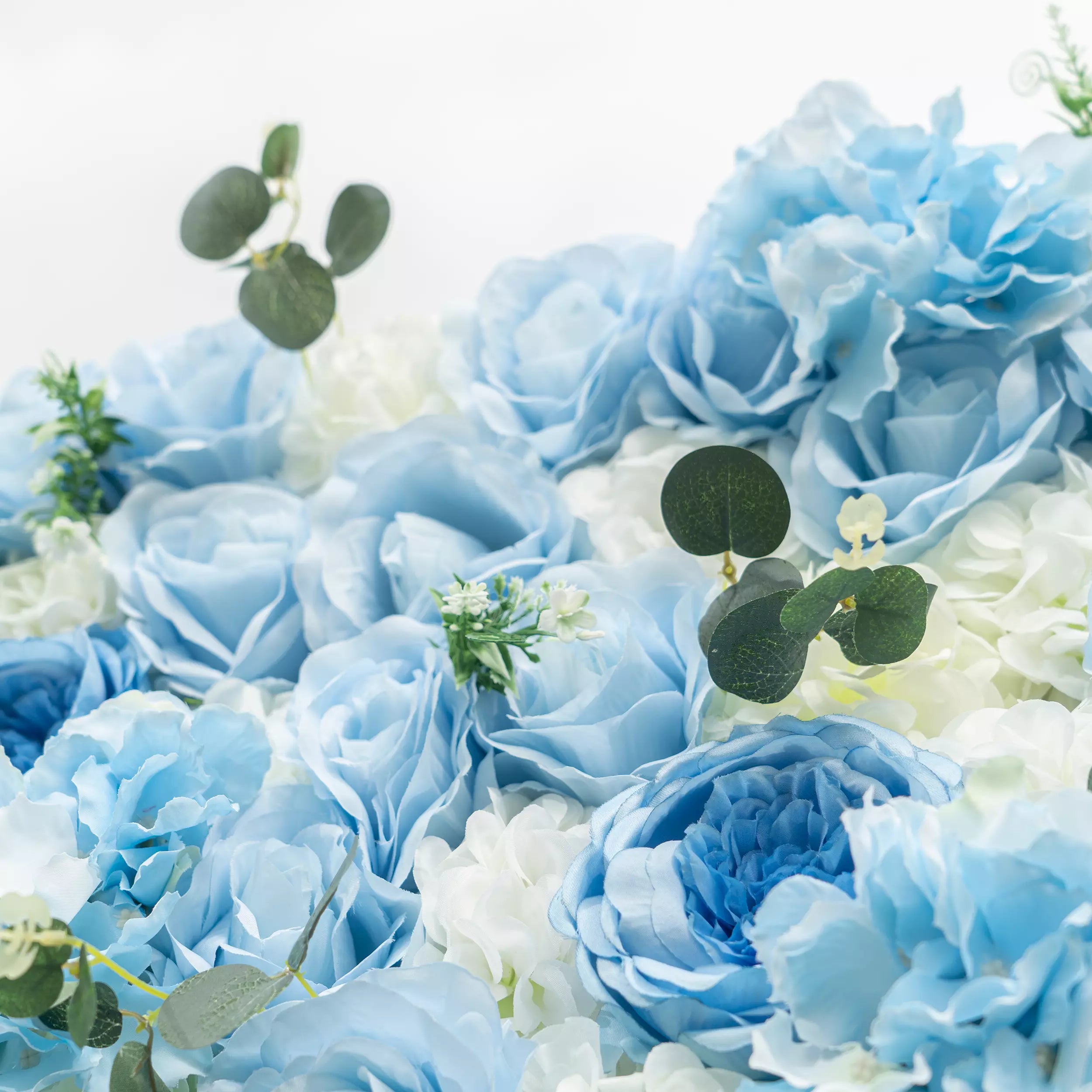 ValarFlowers Azure Adoration: An Enchanting Ballet of Mixed Baby Blue and White Green Flower Blooms and Whispering Waves Floral Wall- VF-067