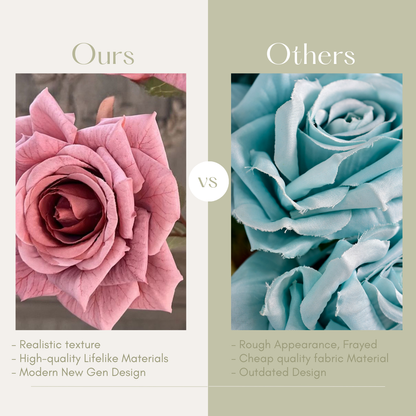 This image contrasts two artificial roses: &quot;Ours&quot; features a realistic pink rose with lifelike texture, modern design, and quality materials, while &quot;Others&quot; shows a frayed blue rose with cheap fabric and outdated design.