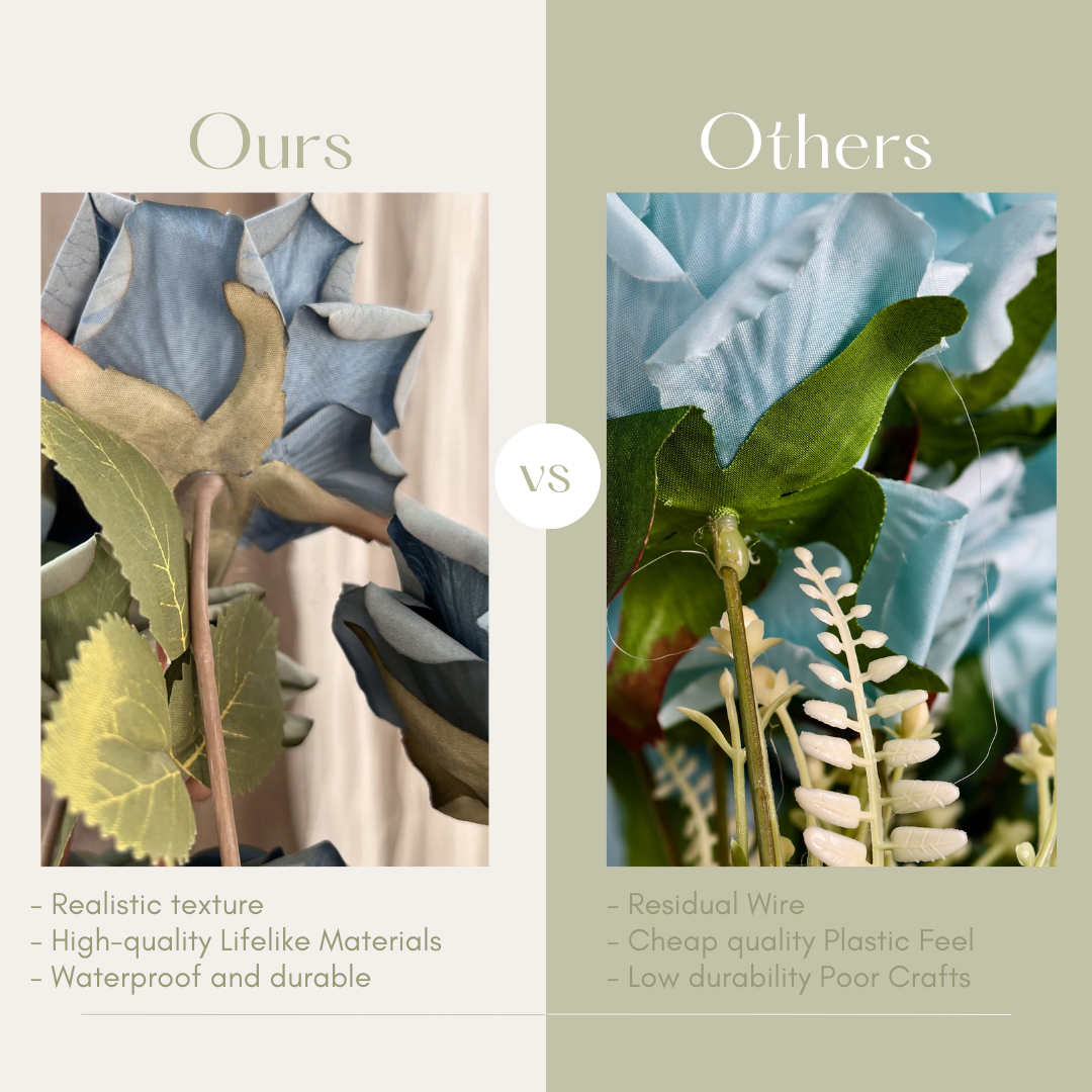 This side-by-side comparison highlights the differences between two types of artificial flowers. On the left, &quot;Ours&quot; features realistic texture, high-quality lifelike materials, and a waterproof, durable design. On the right, &quot;Others&quot; show residual wire, cheap plastic material, and poor craftsmanship with low durability.