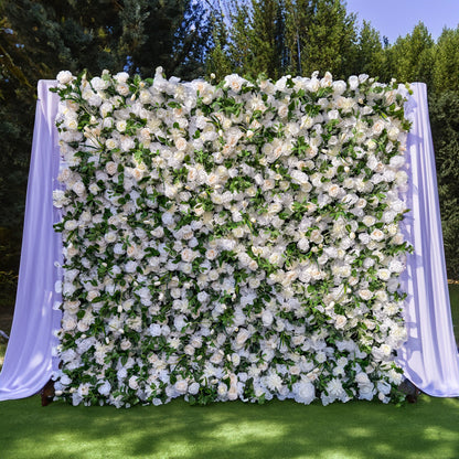 This is a 2.4m x 2.4m artificial flower wall. It is densely covered with white roses and lush green leaves. The flowers are in full bloom, creating a romantic and elegant appearance. Made of high - quality materials, it is durable and stable. Ideal for weddings and events, it offers a cost - effective and low - maintenance alternative to fresh flowers.