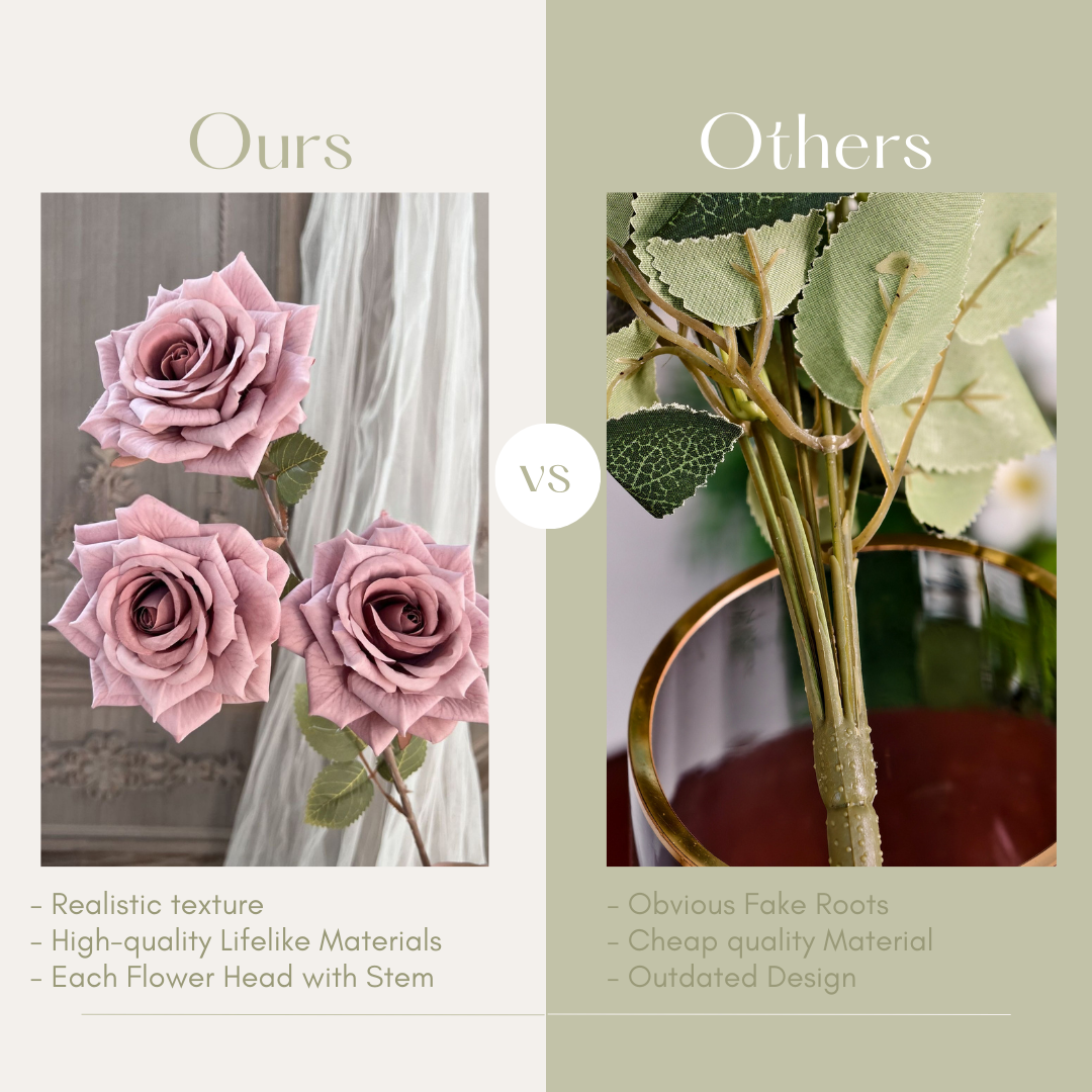 This image compares two artificial flower designs. The &quot;Ours&quot; section showcases lifelike roses with realistic textures, high-quality materials, and individual stems. The &quot;Others&quot; section highlights inferior designs with fake roots, cheap materials, and outdated craftsmanship. The comparison emphasizes quality and modern aesthetics versus less appealing alternatives.