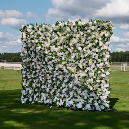 This artificial flower wall is 2.4m x 2.4m. It is filled with numerous white roses and green leaves, looking luxurious. The materials are of high - quality, ensuring durability. It&