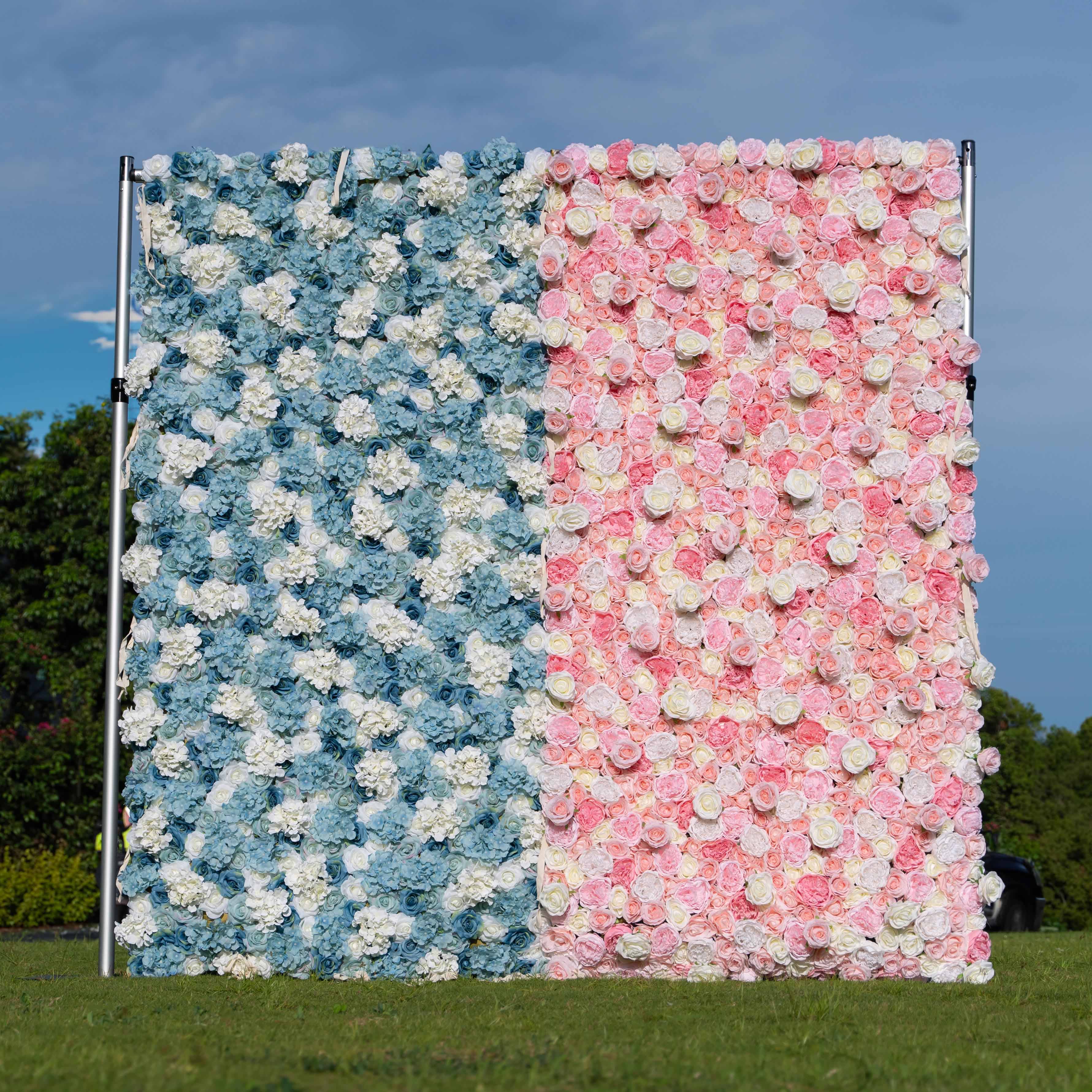 Baby Shower Flower Wall Backdrop - Blue &amp; Pink Roll-Up Fabric Wall - Gender Reveal Party Decor - Celebration Floral Wall-VF-016