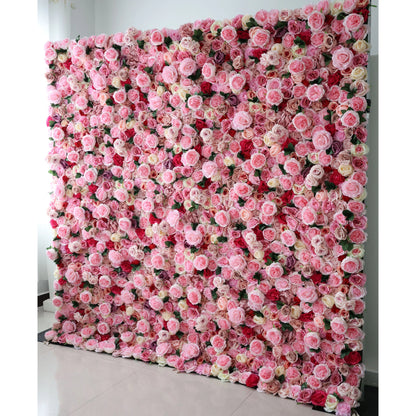 Valar Flowers Roll Up Fabric Artificial Mix Rose Red and Pink Flower Wall Wedding Backdrop, Floral Party Decor, Event Photography-VF-041