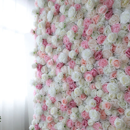 Valar Flowers Roll Up Fabric Artificial Pink and White Flower Wall Wedding Backdrop, Floral Party Decor, Event Photography-VF-058