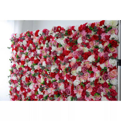 Valar Flowers Roll Up Fabric Artificial Rosewood Red Roses And White Roses With Camo Green LeavesFlower Wall Wedding Backdrop, Floral Party Decor, Event Photography-VF-008