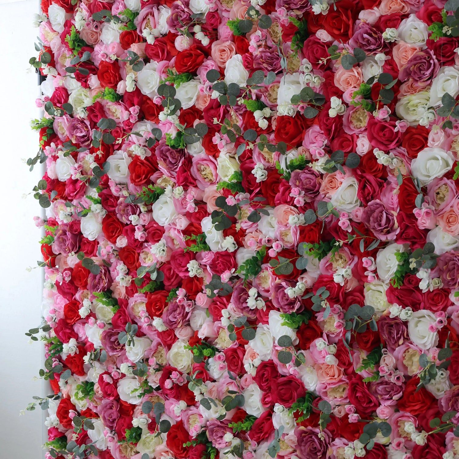 Valar Flowers Roll Up Fabric Artificial Rosewood Red Roses And White Roses With Camo Green LeavesFlower Wall Wedding Backdrop, Floral Party Decor, Event Photography-VF-008