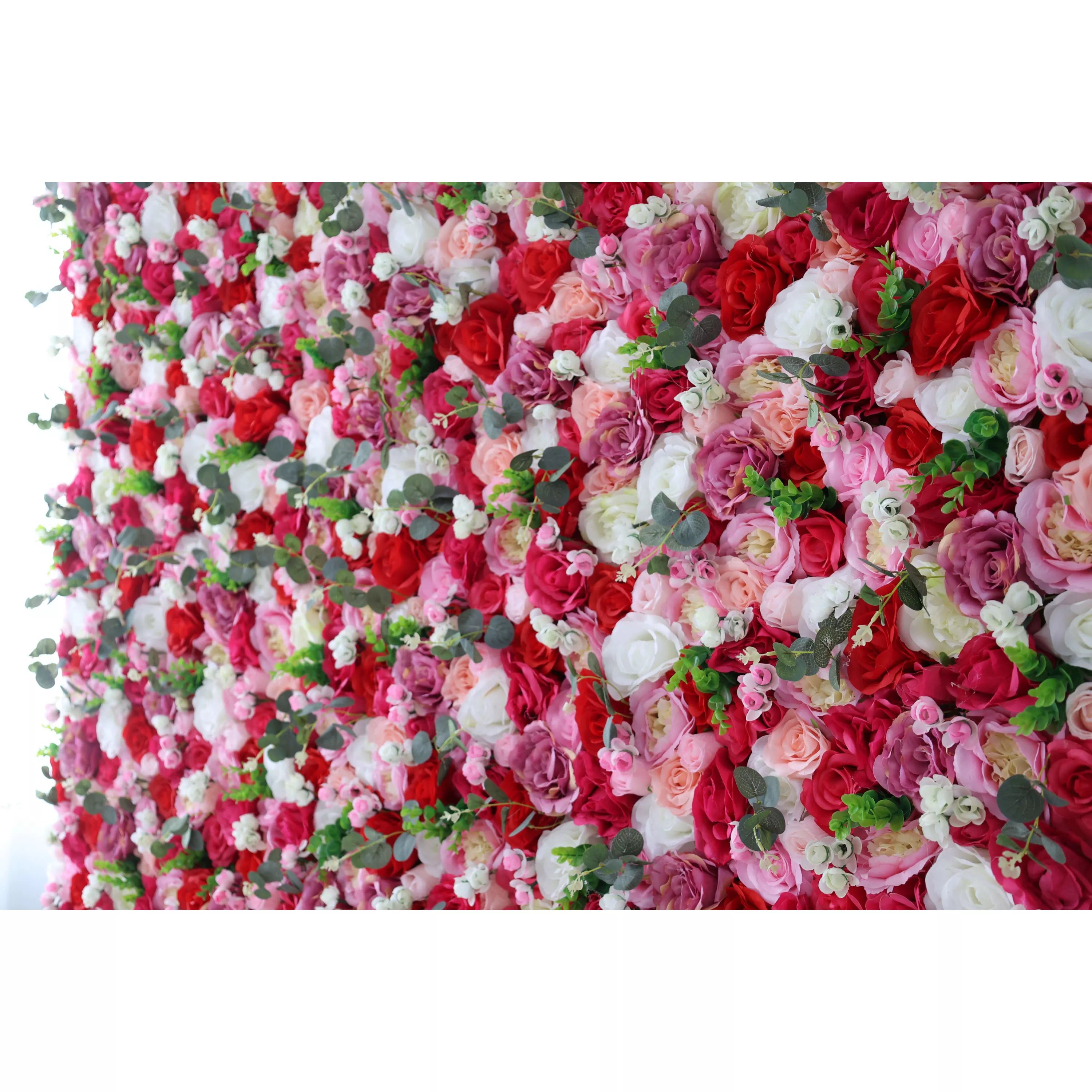 Valar Flowers Roll Up Fabric Artificial Rosewood Red Roses And White Roses With Camo Green LeavesFlower Wall Wedding Backdrop, Floral Party Decor, Event Photography-VF-008