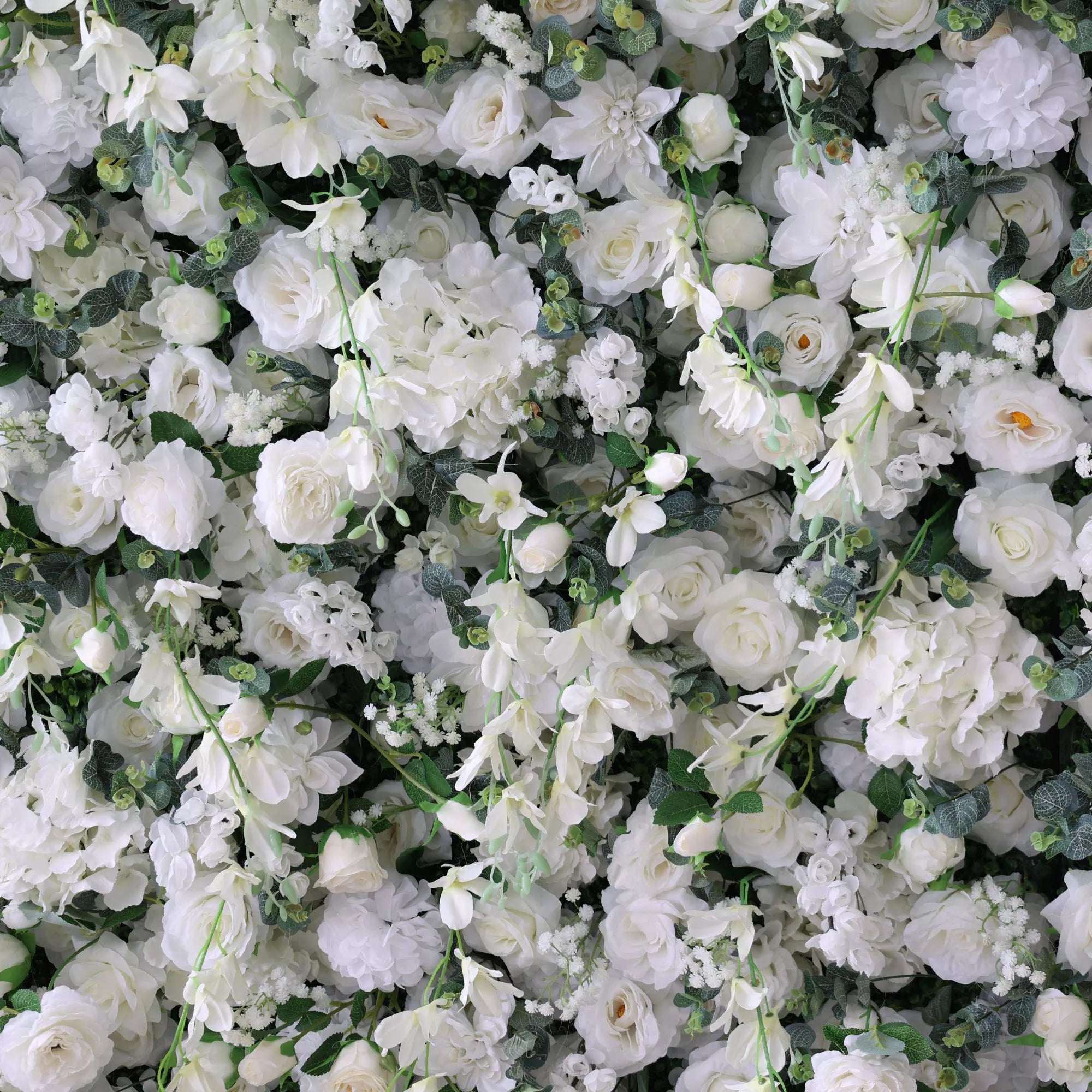 Valar Flowers Pared Floral Blanco Etérea con Acentos Verdes Suaves: Perfecta para Eventos y Celebraciones Elegantes-VF-201