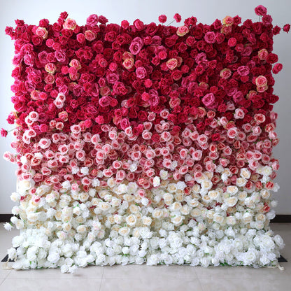 Valar Flowers Roll Up Fabric Artificial Red to White Gradient Flower Wall Wedding Backdrop, Floral Party Decor, Event Photography-VF-372