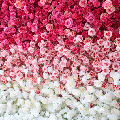 This artificial flower wall features a stunning gradient of pink to white roses. It is likely easy to install, durable, and suitable for various events such as weddings and parties. The flowers are densely packed, creating a lush and romantic appearance.