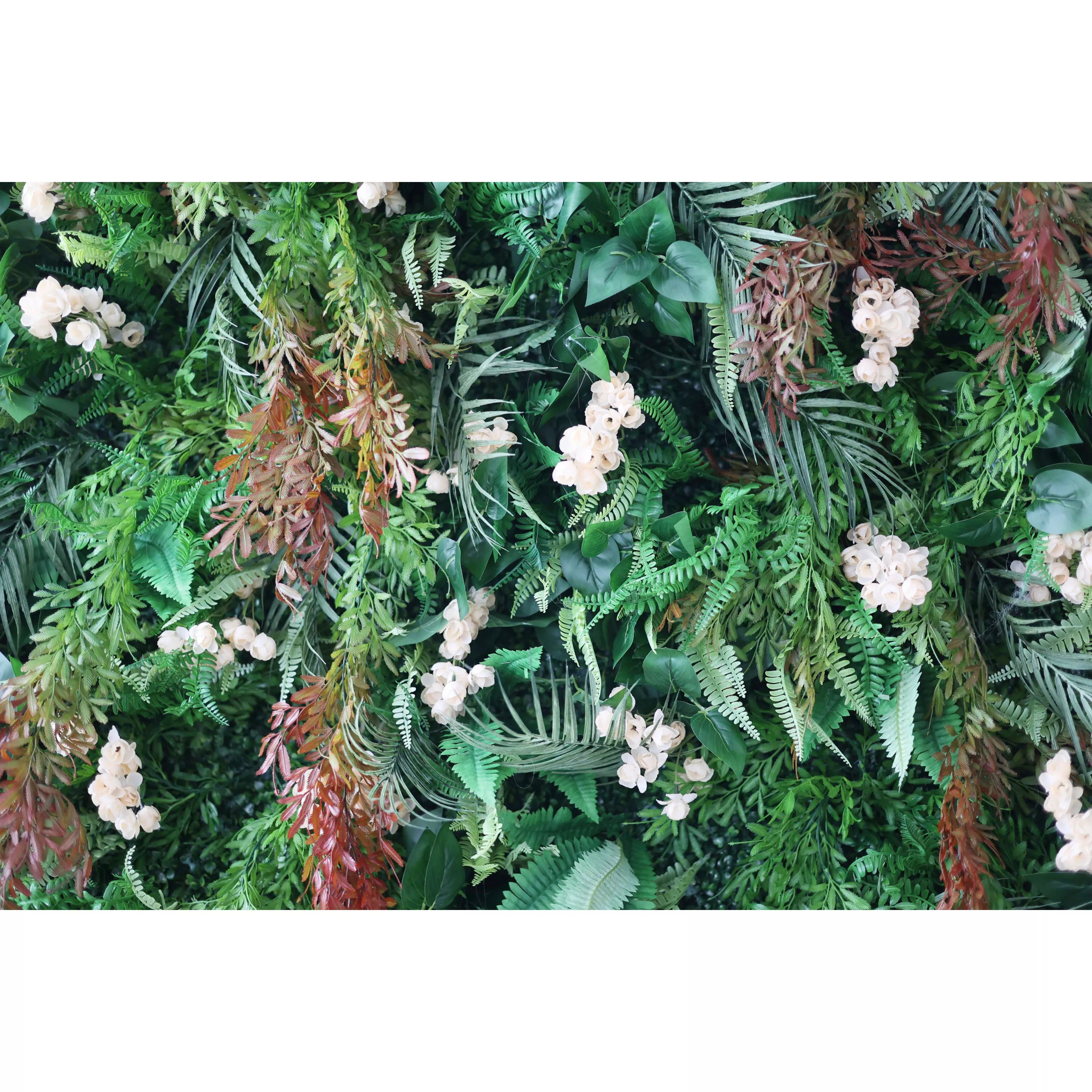 Valar Flowers Exuberante Parede da Floresta Tropical com Delicadas Flores de Marfim: Mergulhe no Abraço da Natureza - Fusão Perfeita de Verde e Elegância Floral-VF-203