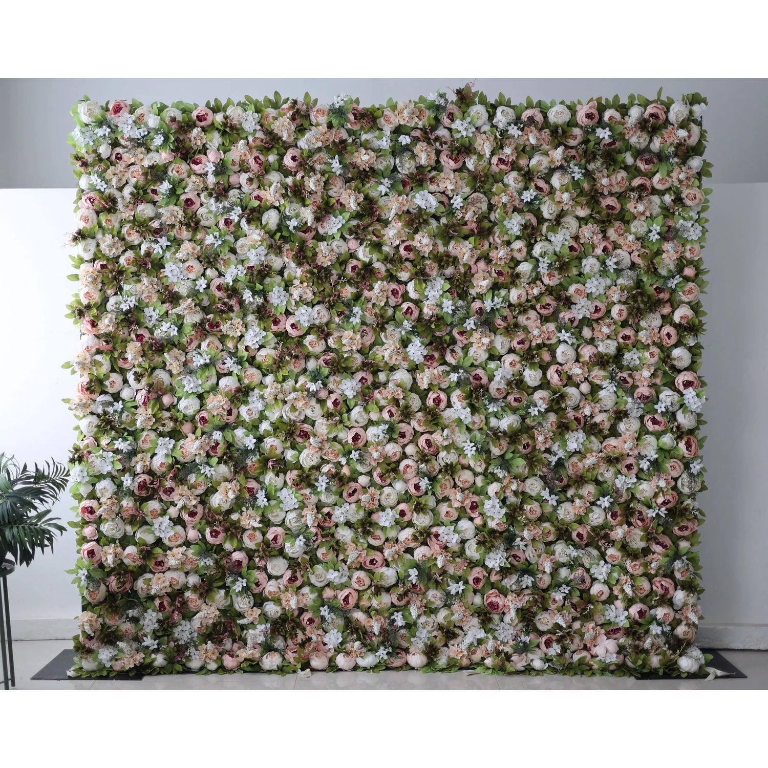 Valar Flowers Roll Up Fabric Artificial Green Mix Orangy Red and White Flower Wall Wedding Backdrop, Floral Party Decor, Event Photography-VF-049-2