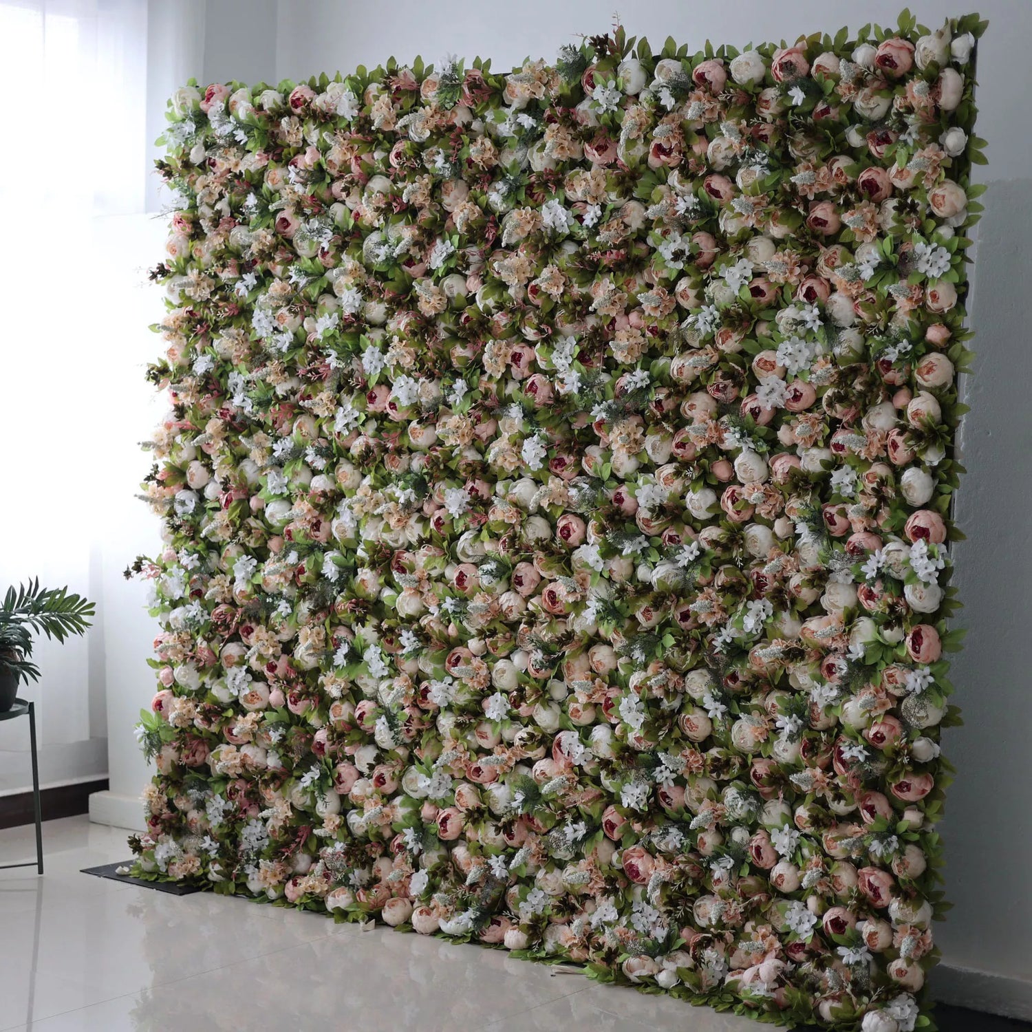 Valar Flowers Roll Up Fabric Artificial Green Mix Orangy Red and White Flower Wall Wedding Backdrop, Floral Party Decor, Event Photography-VF-049-2