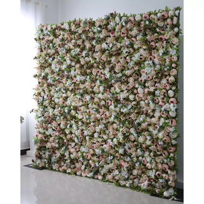 Valar Flowers Roll Up Fabric Artificial Green Mix Orangy Red and White Flower Wall Wedding Backdrop, Floral Party Decor, Event Photography-VF-049-2