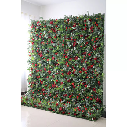 Vibrant Verdure &amp; Red Rose Cascade: A Lush Botanical Wall Celebrating Passion, Love, and Fresh Foliage - Perfect for Elevated Event Experiences-VF-205