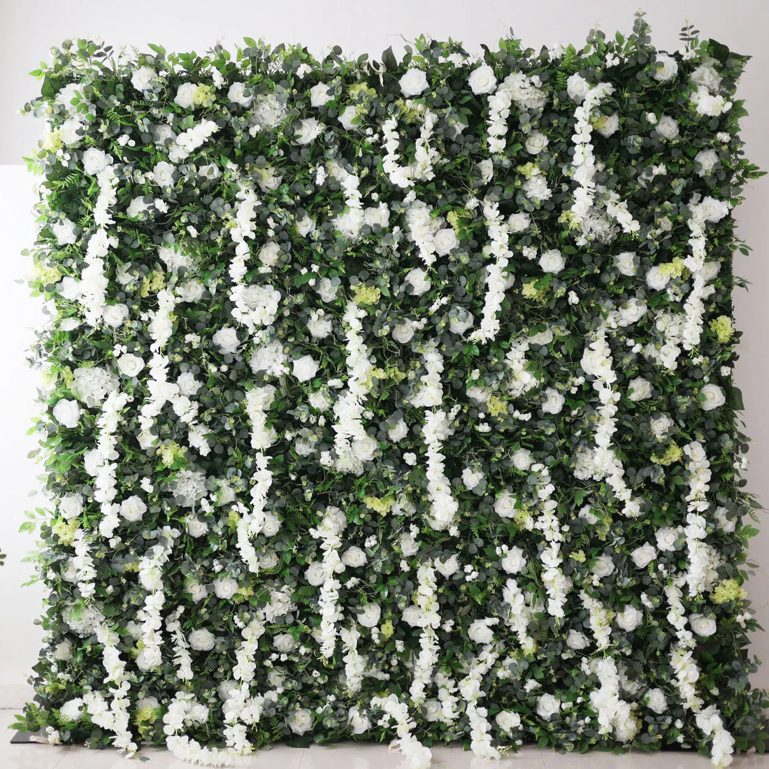 Valar Flores Roll Up Tecido Artificial Flor Branca e Folhas Verdes Vivas Floral Parede Wedding Backdrop, Decoração Floral Festa, Evento Fotografia-VF-071