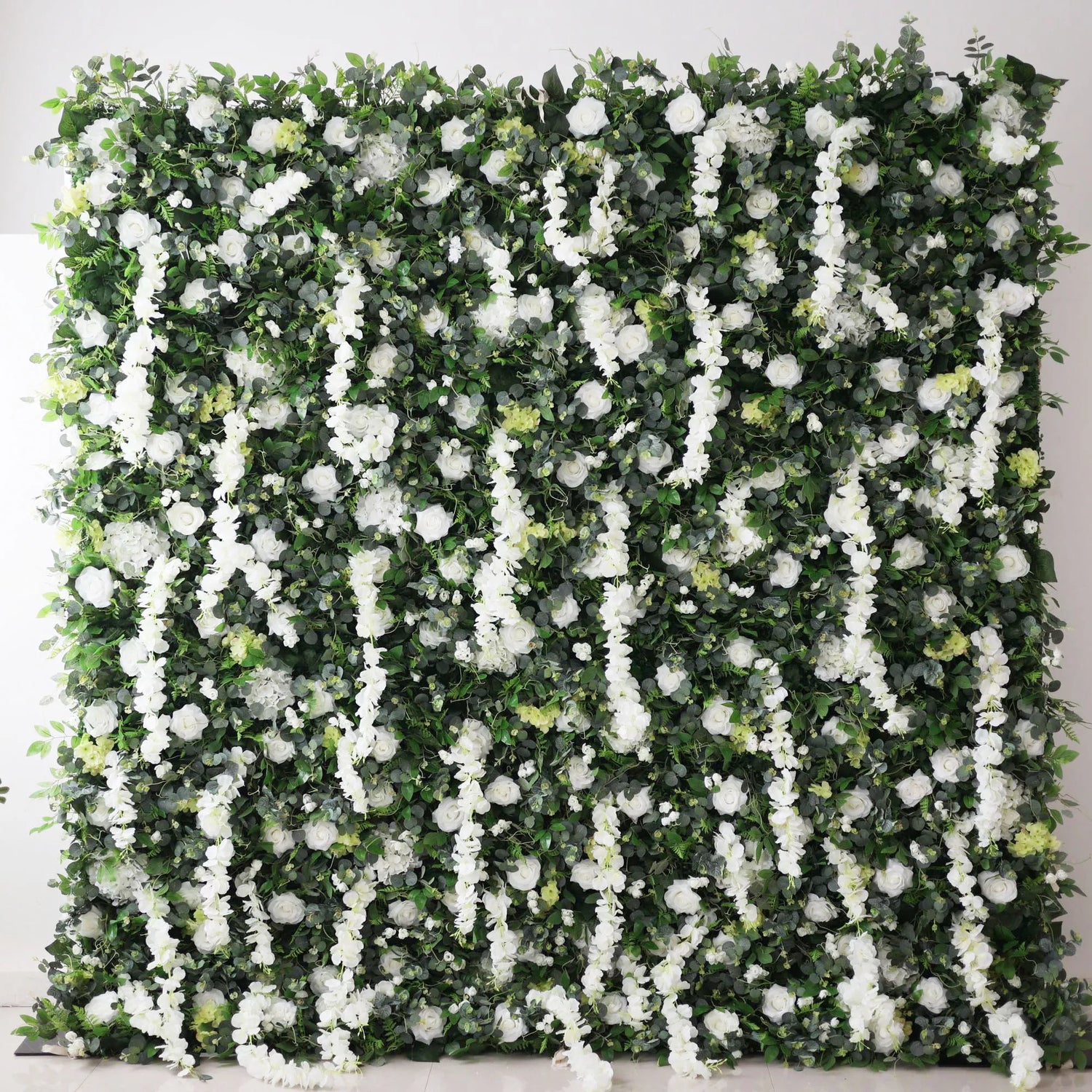 Valar Blumen Roll-up-Stoff künstliche weiße Blume und lebendig grüne Blätter Blumenwand-Hochzeitshintergrund, Blumen-Party-Dekor, Event-Fotografie-VF-071