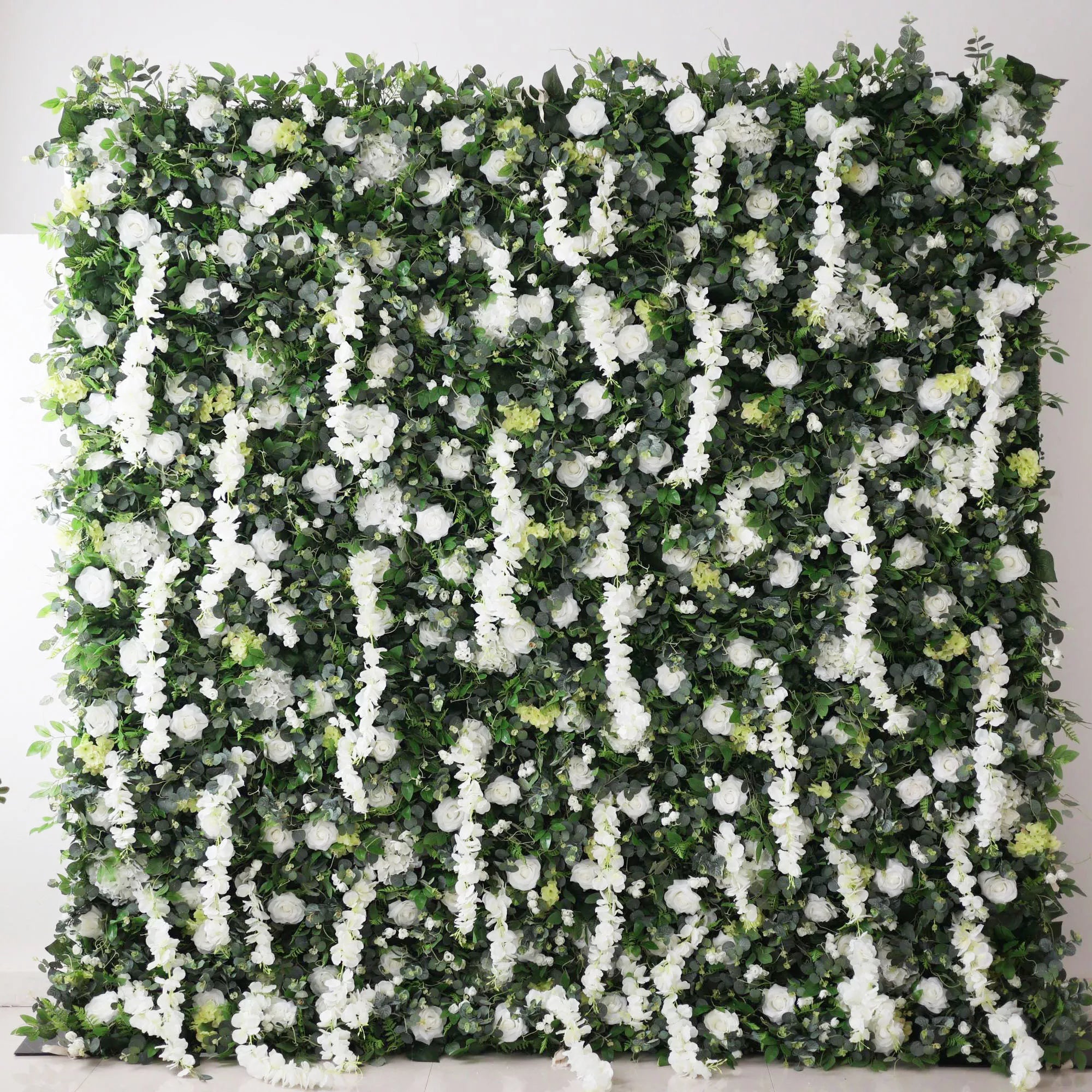 Valar Flores Enrollar Tela Flor Blanca Artificial Y Hojas Verdes Vivas Pared Floral Fondo De Boda, Decoración Floral De Fiesta, Fotografía De Eventos-VF-071