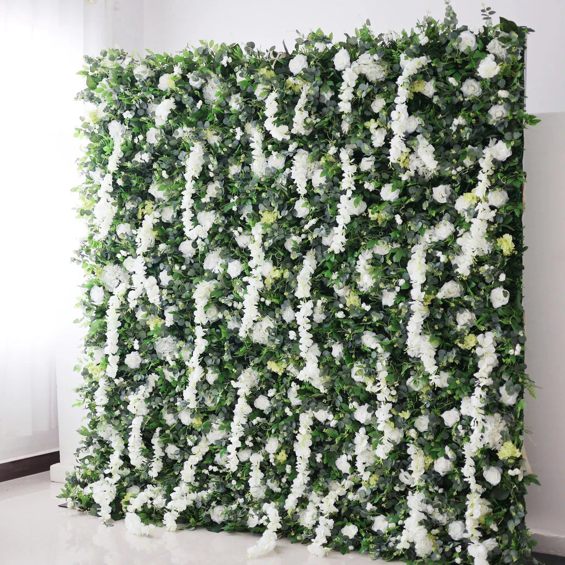 Valar Blumen Roll-up-Stoff künstliche weiße Blume und lebendig grüne Blätter Blumenwand-Hochzeitshintergrund, Blumen-Party-Dekor, Event-Fotografie-VF-071