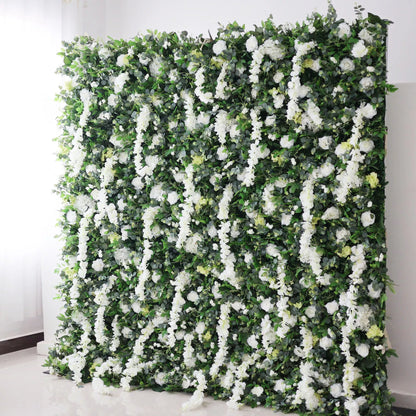 Valar Flowers Roll Up Fabric Artificial White Flower and Vivid Green Leaves Floral Wall Wedding Backdrop, Floral Party Decor, Event Photography-VF-071