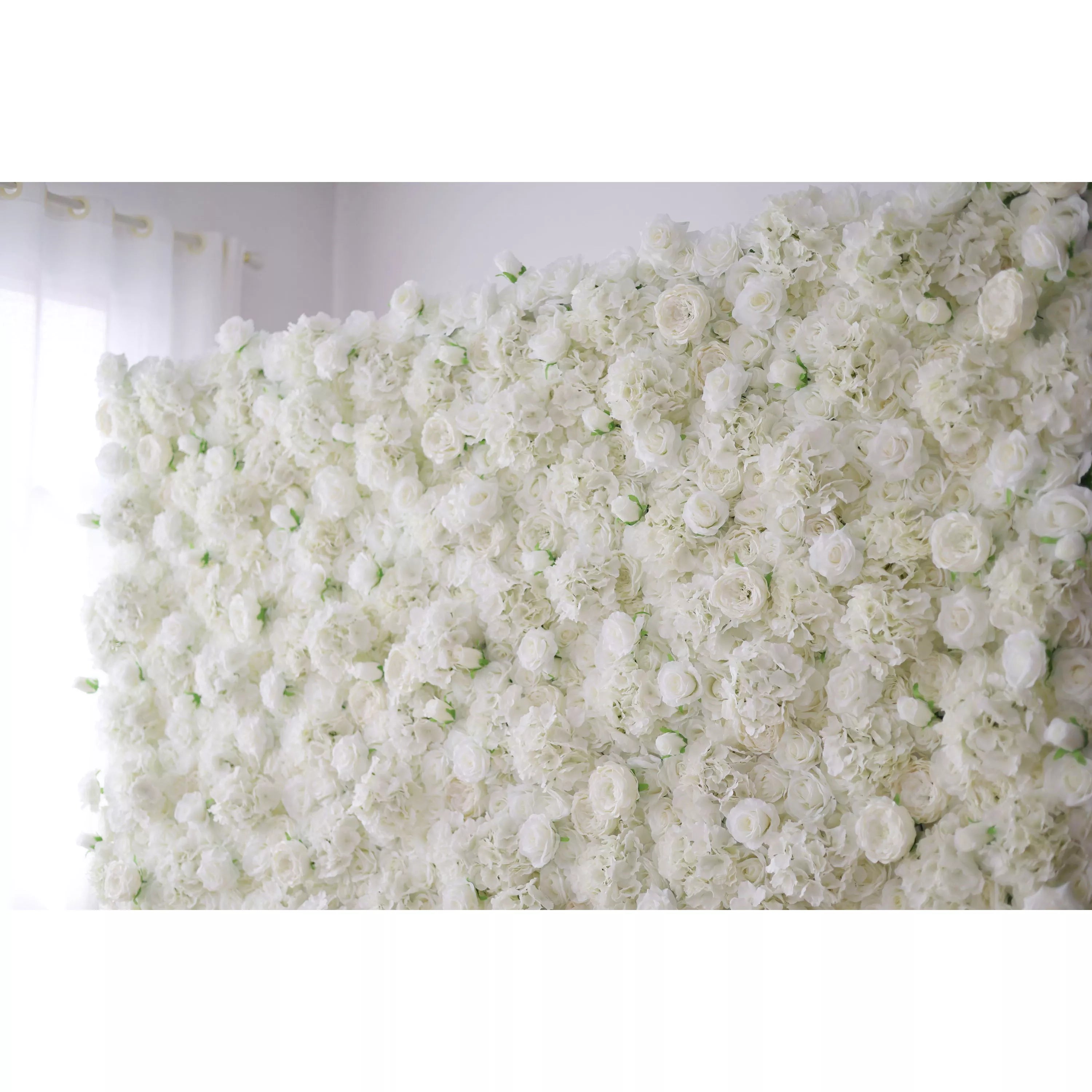 Valar Flowers revela: Ethereal White Elegance – Uma majestosa parede de flores de tecido artificial pingando com flores brancas puras-VF-210