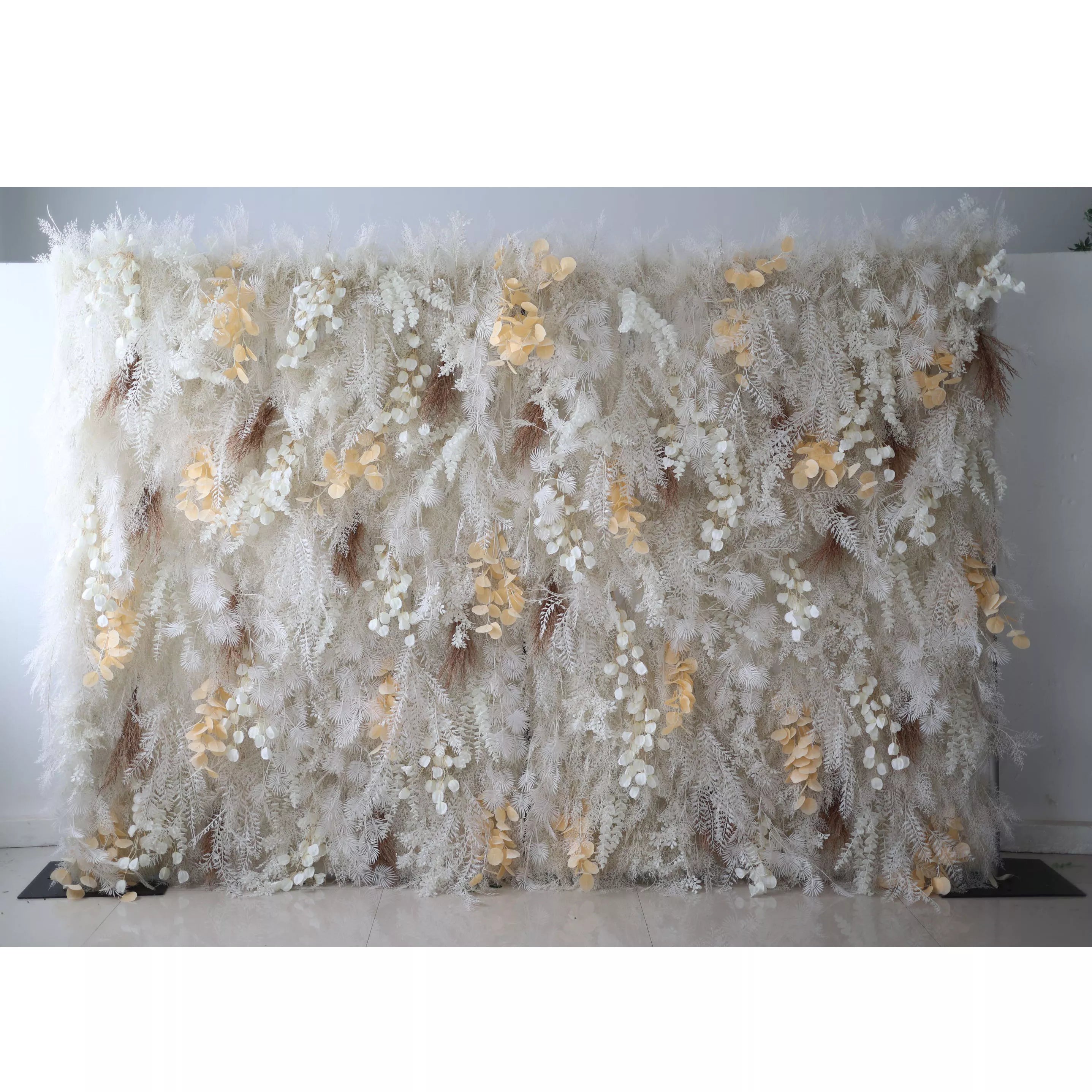 Valar Flowers Unveils: The Enchanted Snowscape – A Majestic Artificial Fabric Flower Wall of Wintry Whites and Golden Blooms-VF-208