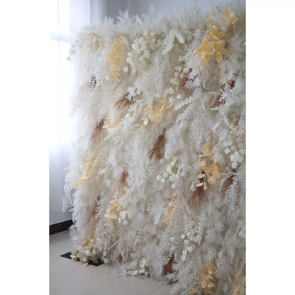 Valar Flowers Unveils: The Enchanted Snowscape – A Majestic Artificial Fabric Flower Wall of Wintry Whites and Golden Blooms-VF-208