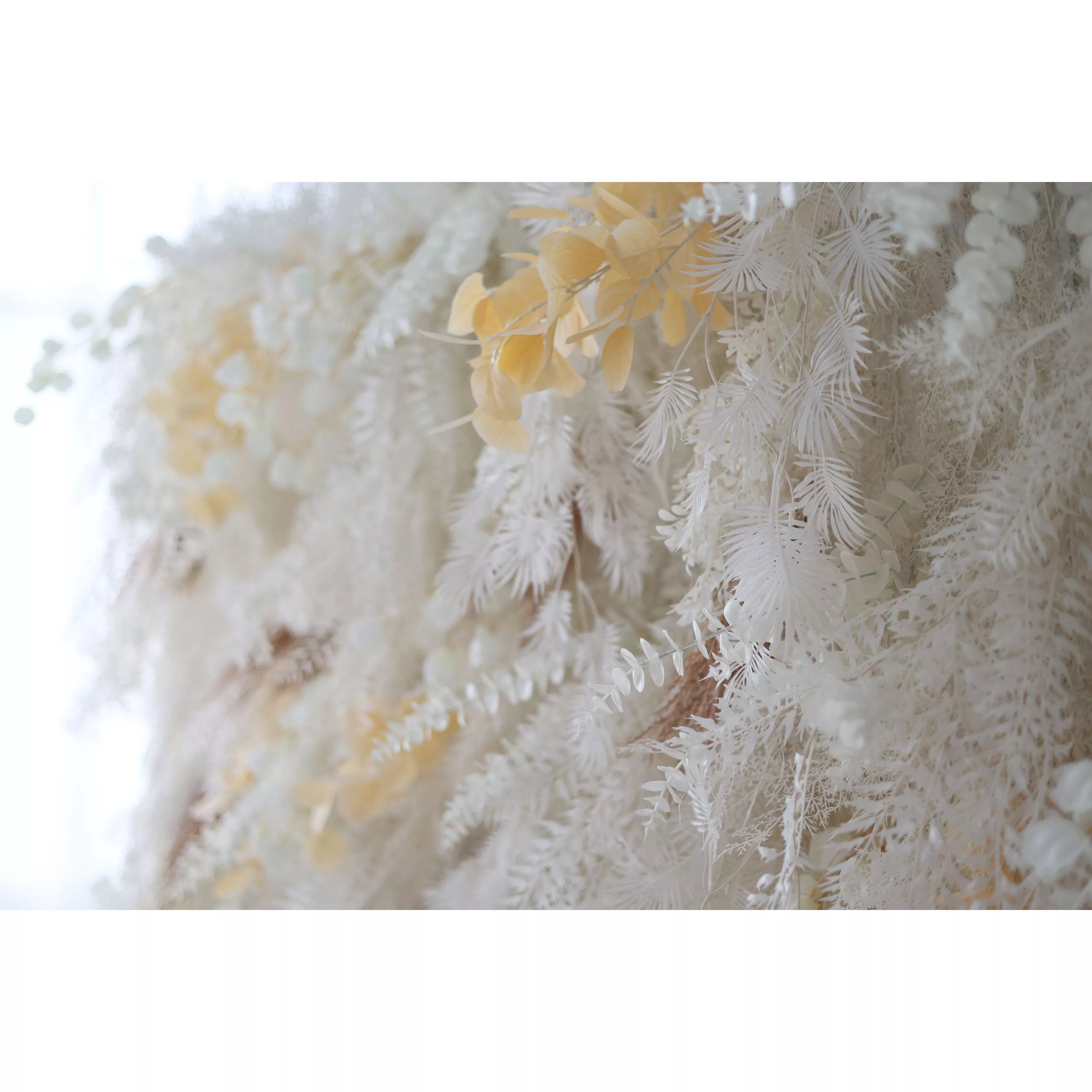 Valar Flowers Unveils: The Enchanted Snowscape – A Majestic Artificial Fabric Flower Wall of Wintry Whites and Golden Blooms-VF-208