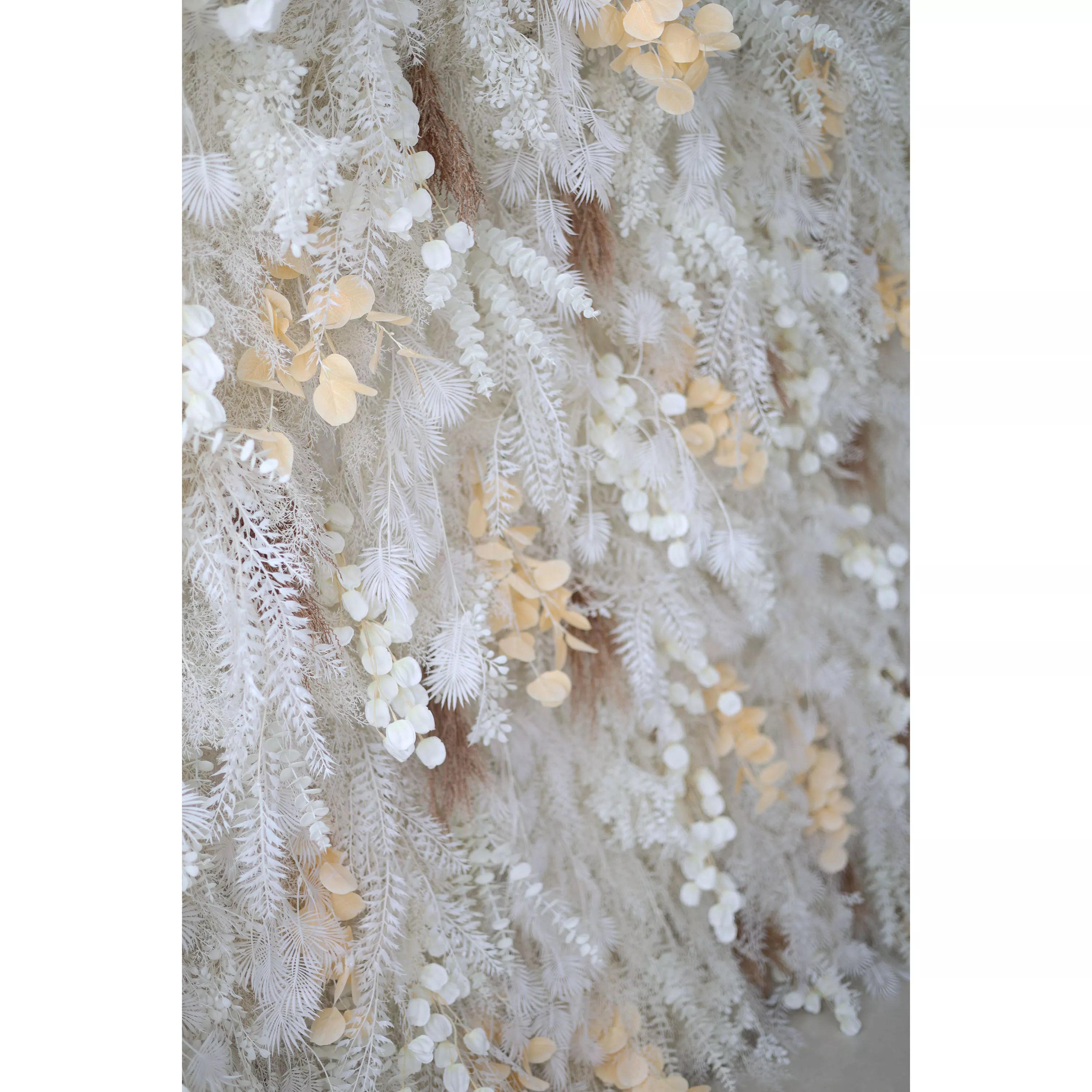 Valar Flowers Unveils: The Enchanted Snowscape – A Majestic Artificial Fabric Flower Wall of Wintry Whites and Golden Blooms-VF-208