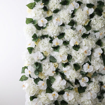 Valar Flowers Roll Up Fabric Artificial White Phalaenopsis Aphrodite and Roses Flower Wall Wedding Backdrop, Floral Party Decor, Event Photography-VF-003