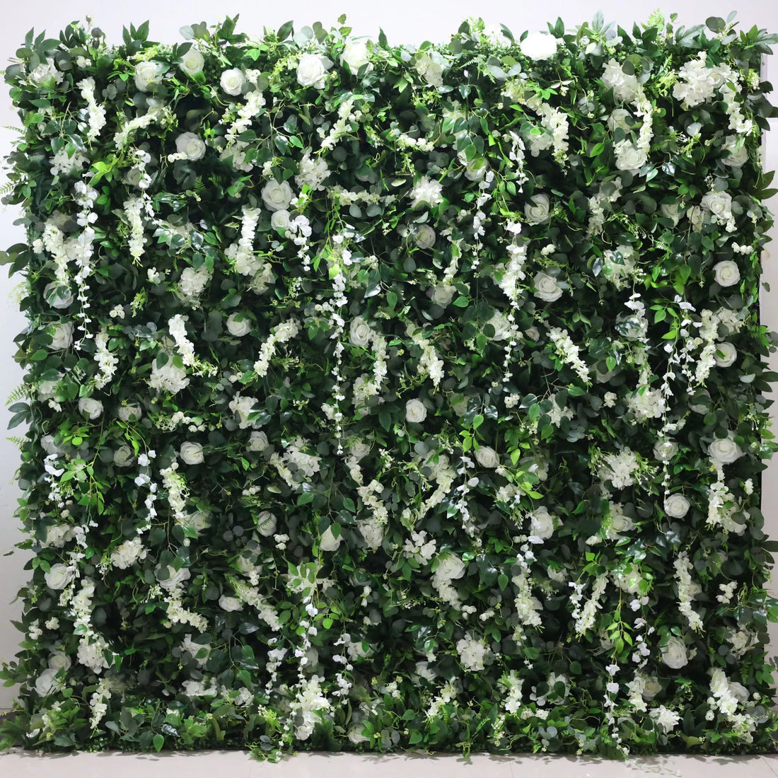 Valar Flowers Roll Up Fabric Artificial White Flower and Vivid Green Leaves Floral Wall Wedding Backdrop, Floral Party Decor, Event Photography-VF-071-3