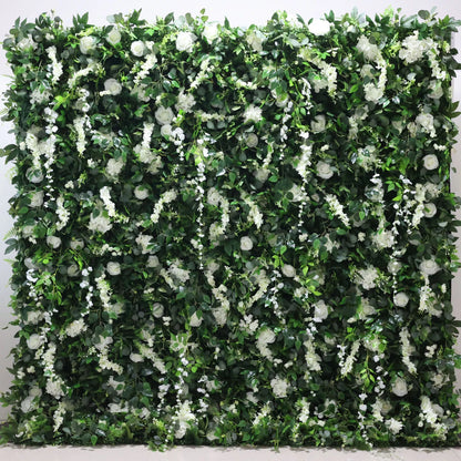 Valar Flores Roll Up Tecido Artificial Flor Branca e Folhas Verdes Vivas Floral Parede Wedding Backdrop, Decoração Floral Festa, Evento Fotografia-VF-071-3