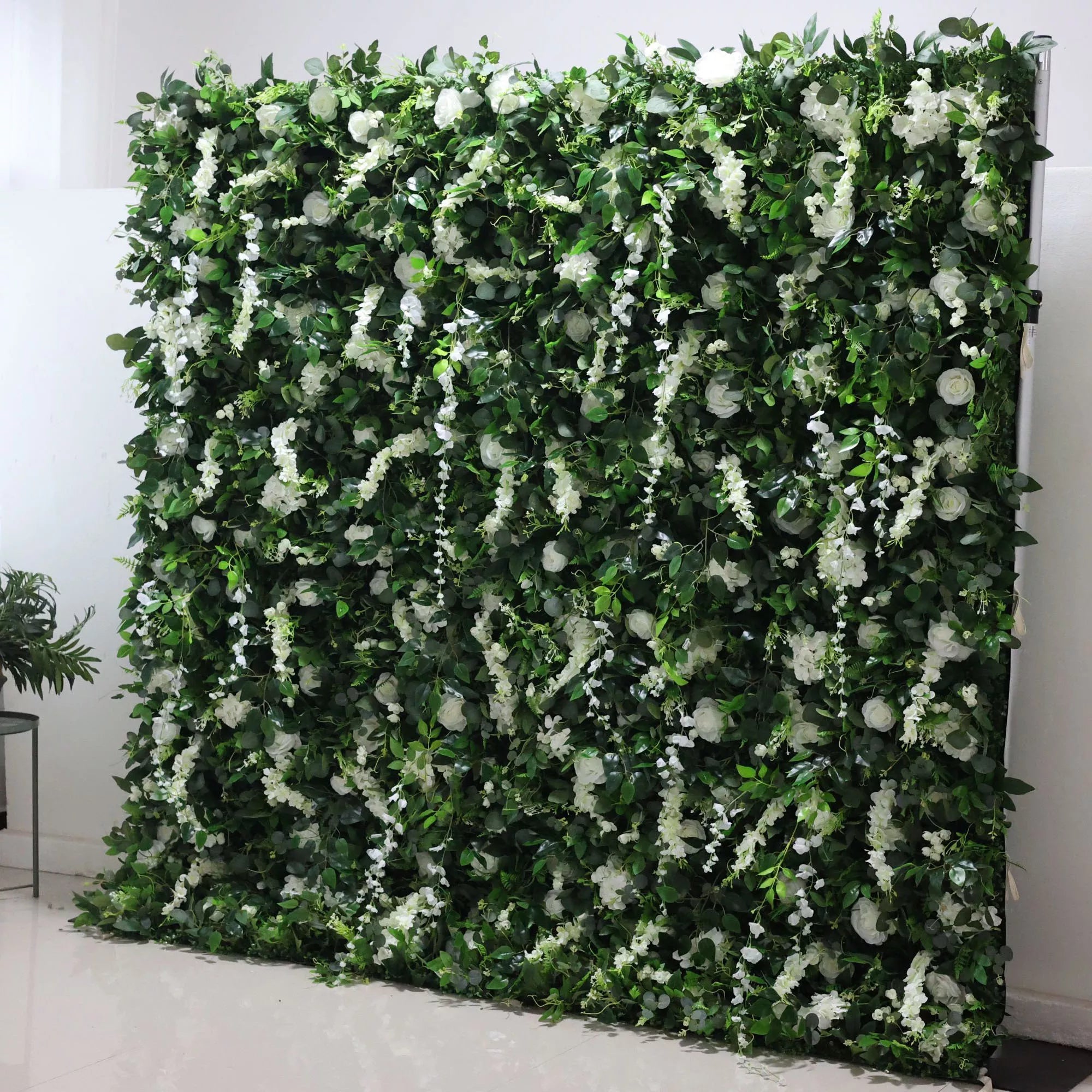 Valar Flowers Roll Up Fabric Artificial White Flower and Vivid Green Leaves Floral Wall Wedding Backdrop, Floral Party Decor, Event Photography-VF-071-3