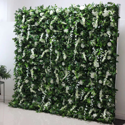 Valar Flowers Roll Up Fabric Artificial White Flower and Vivid Green Leaves Floral Wall Wedding Backdrop, Floral Party Decor, Event Photography-VF-071-3