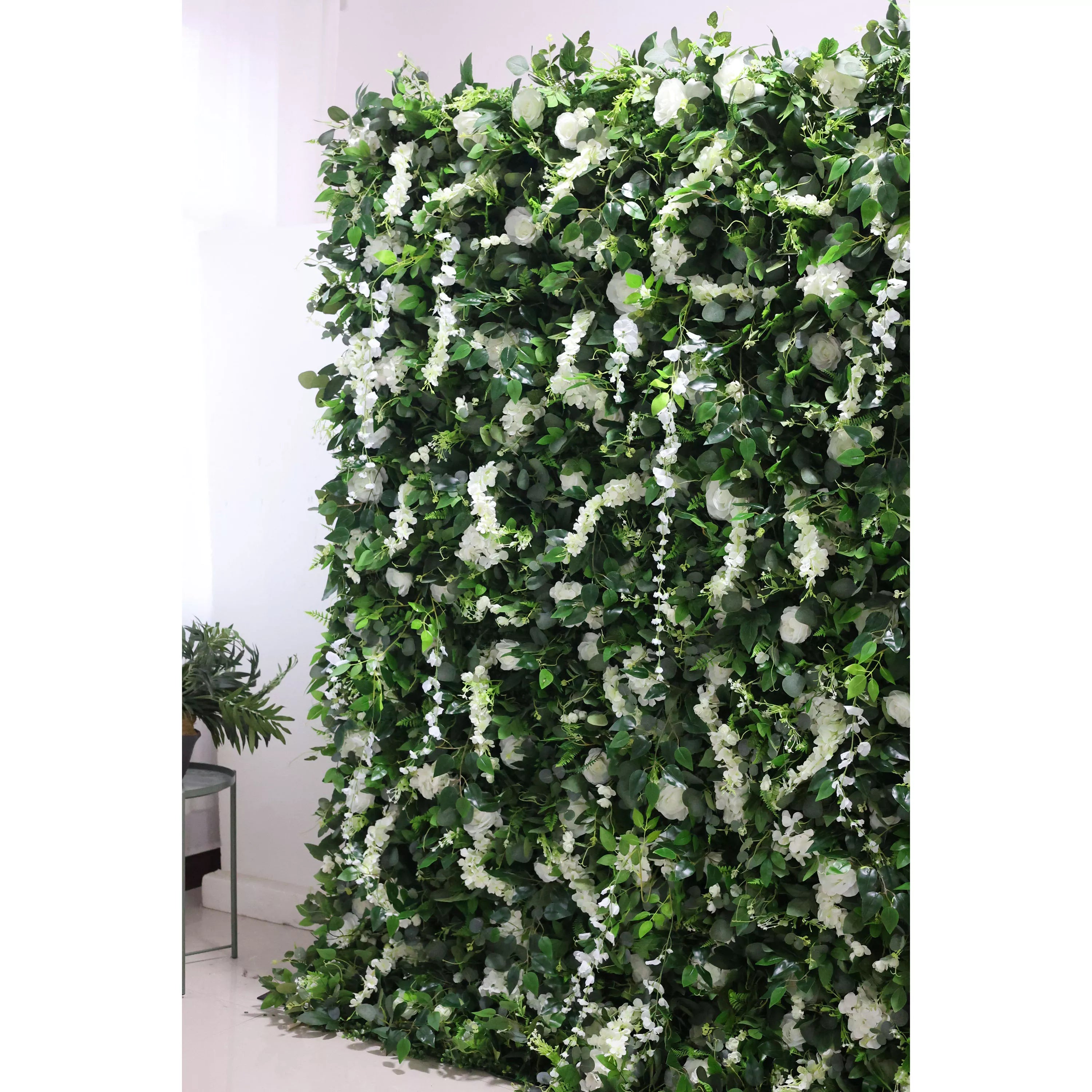 Valar Flores Roll Up Tecido Artificial Flor Branca e Folhas Verdes Vivas Floral Parede Wedding Backdrop, Decoração Floral Festa, Evento Fotografia-VF-071-3