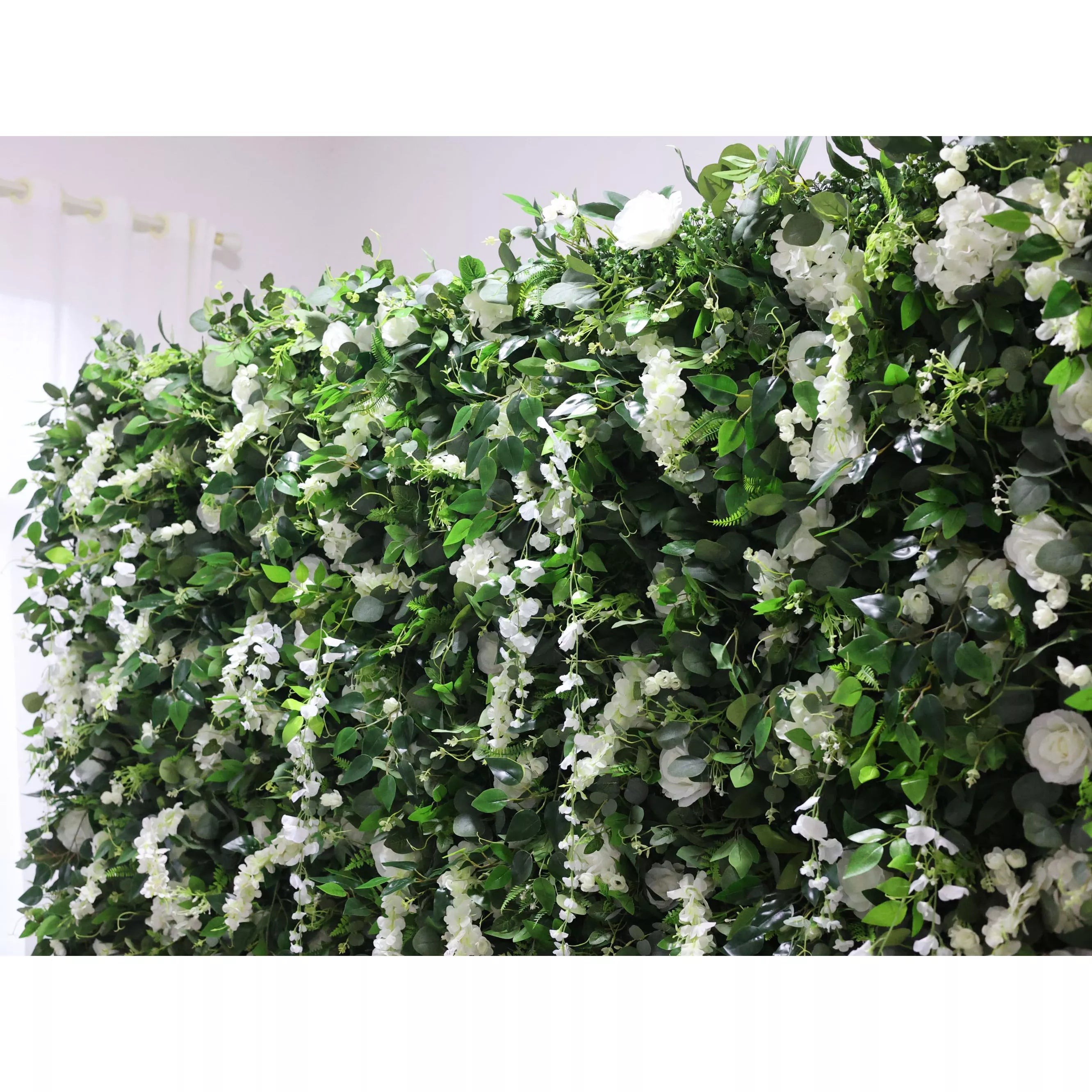 Valar Flowers Roll Up Fabric Artificial White Flower and Vivid Green Leaves Floral Wall Wedding Backdrop, Floral Party Decor, Event Photography-VF-071-3