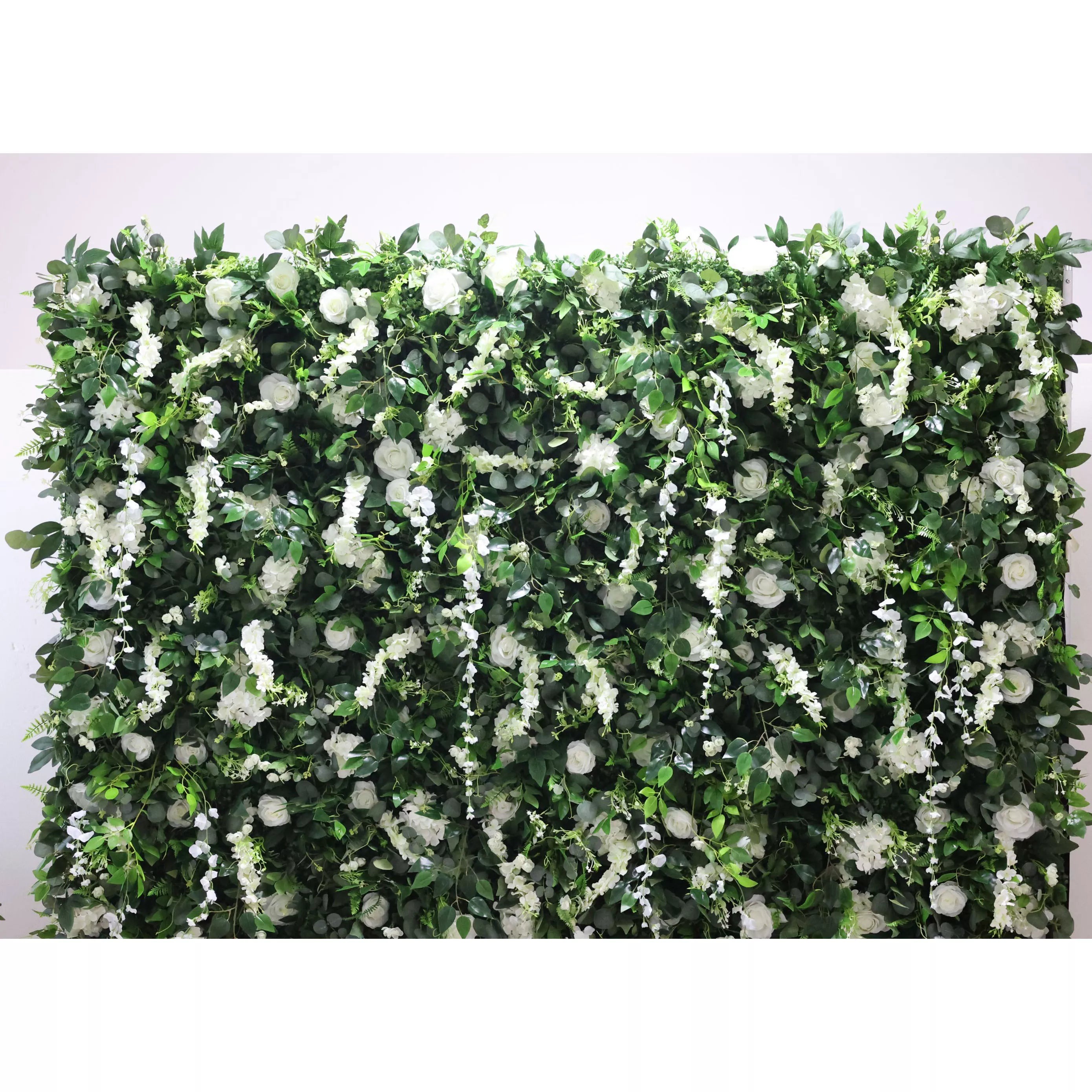 Valar Flores Roll Up Tecido Artificial Flor Branca e Folhas Verdes Vivas Floral Parede Wedding Backdrop, Decoração Floral Festa, Evento Fotografia-VF-071-3