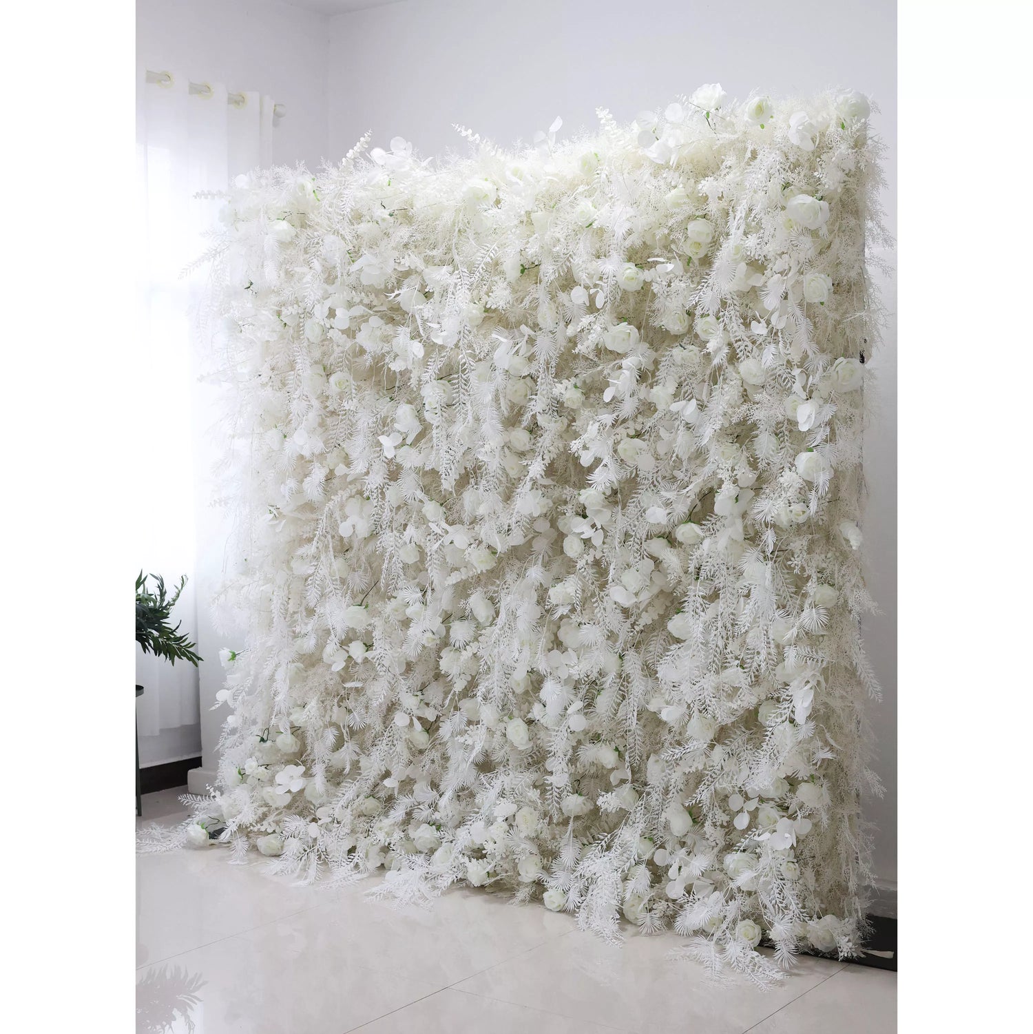 Ethereal White Floral Wall with Feathered Fern Accents: An Oasis of Serenity for Premium Events-VF-202-2