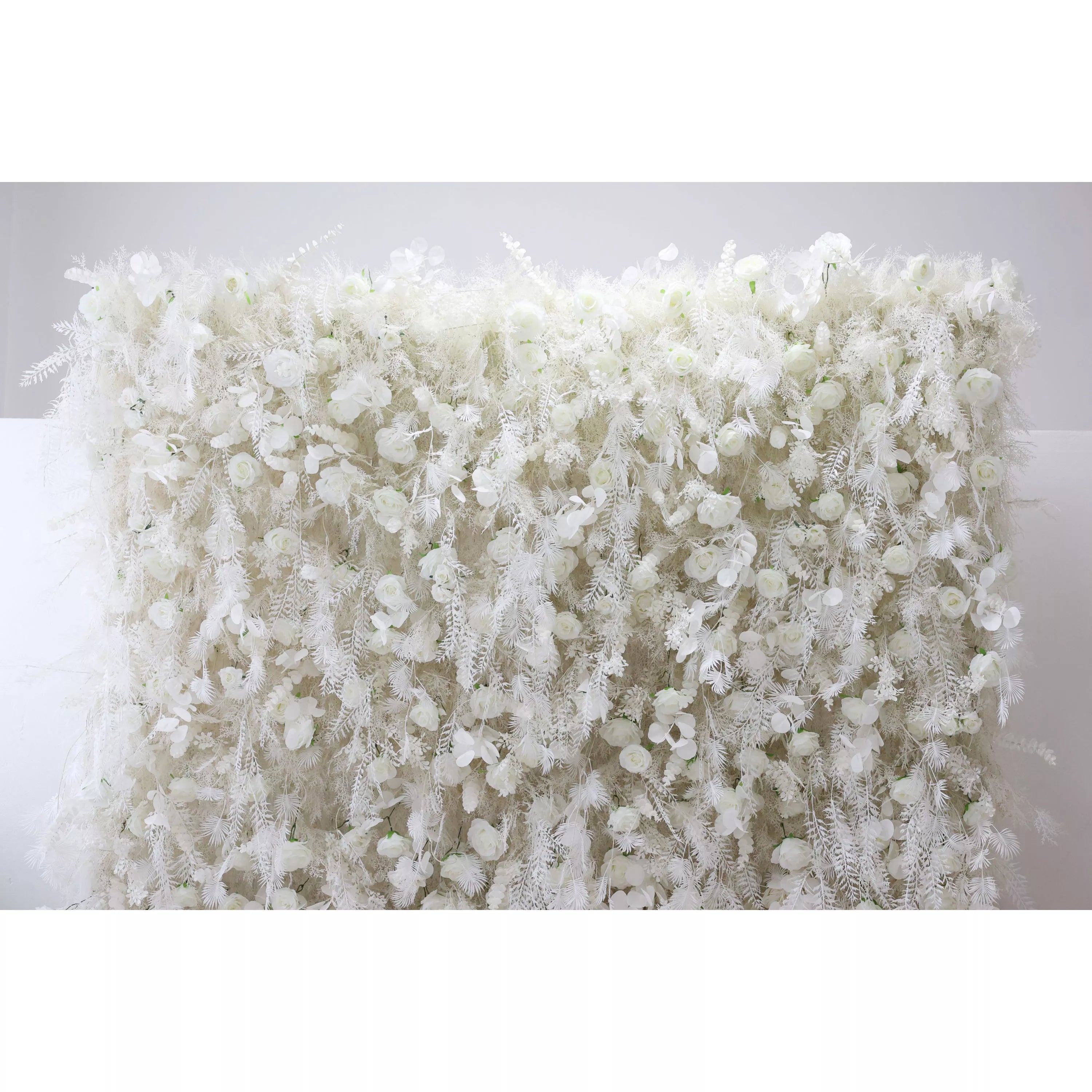 Ethereal White Floral Wall with Feathered Fern Accents: An Oasis of Serenity for Premium Events-VF-202-2