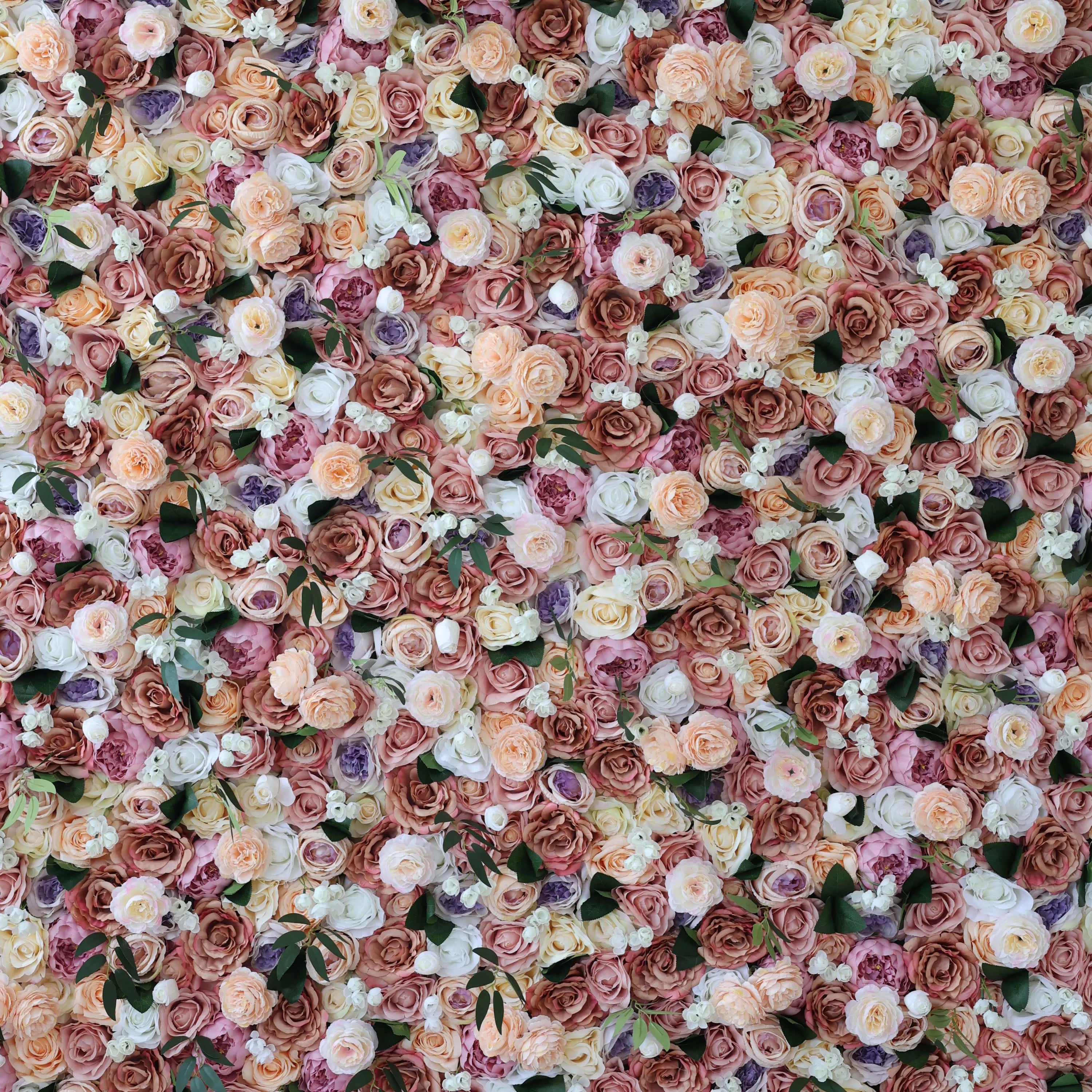 Valar Flowers Roll Up Fabric Artificial Mixed of Petite Orchid, Grape, Desert Sand, Dark Sienna Flowers Carpet Flower Wall Wedding Backdrop, Floral Party Decor, Event Photography-VF-023