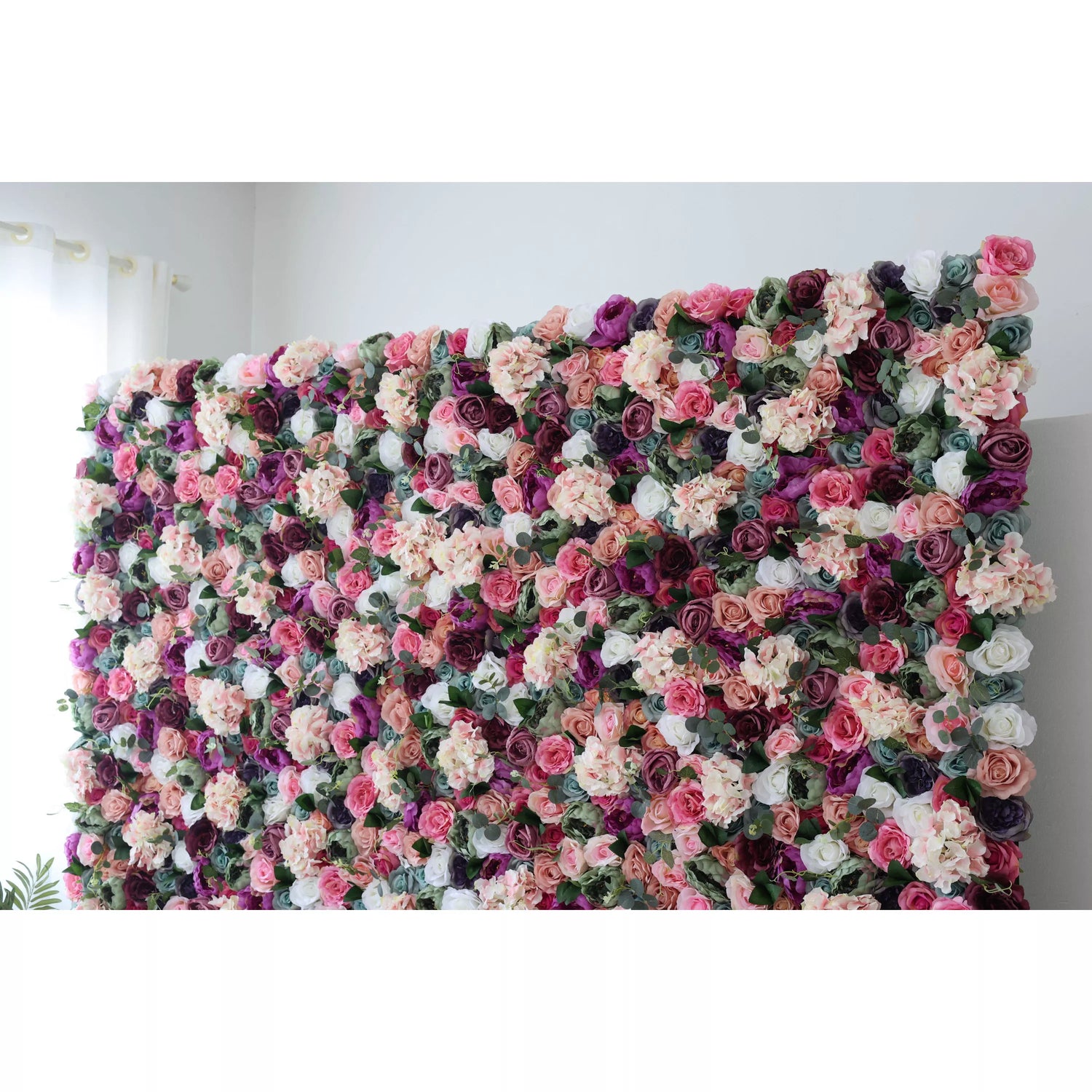 Valar Flowers Roll Up Fabric Artificial Mixed Eggplant Purple, White, Racing Green and Cranberry Pink Floral Wall Wedding Backdrop, Floral Party Decor, Event Photography-VF-080