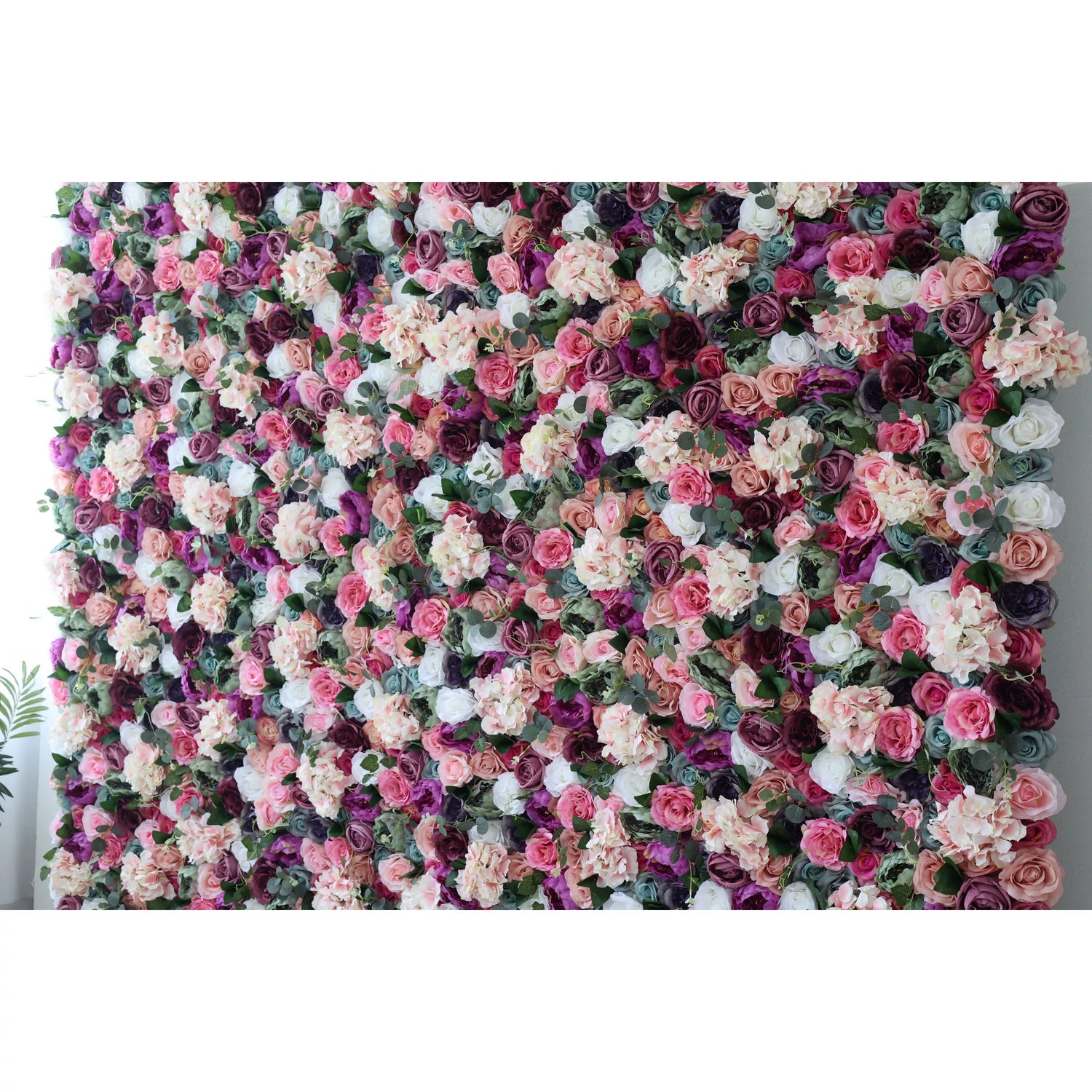 Valar Flowers Roll Up Fabric Artificial Mixed Eggplant Purple, White, Racing Green and Cranberry Pink Floral Wall Wedding Backdrop, Floral Party Decor, Event Photography-VF-080