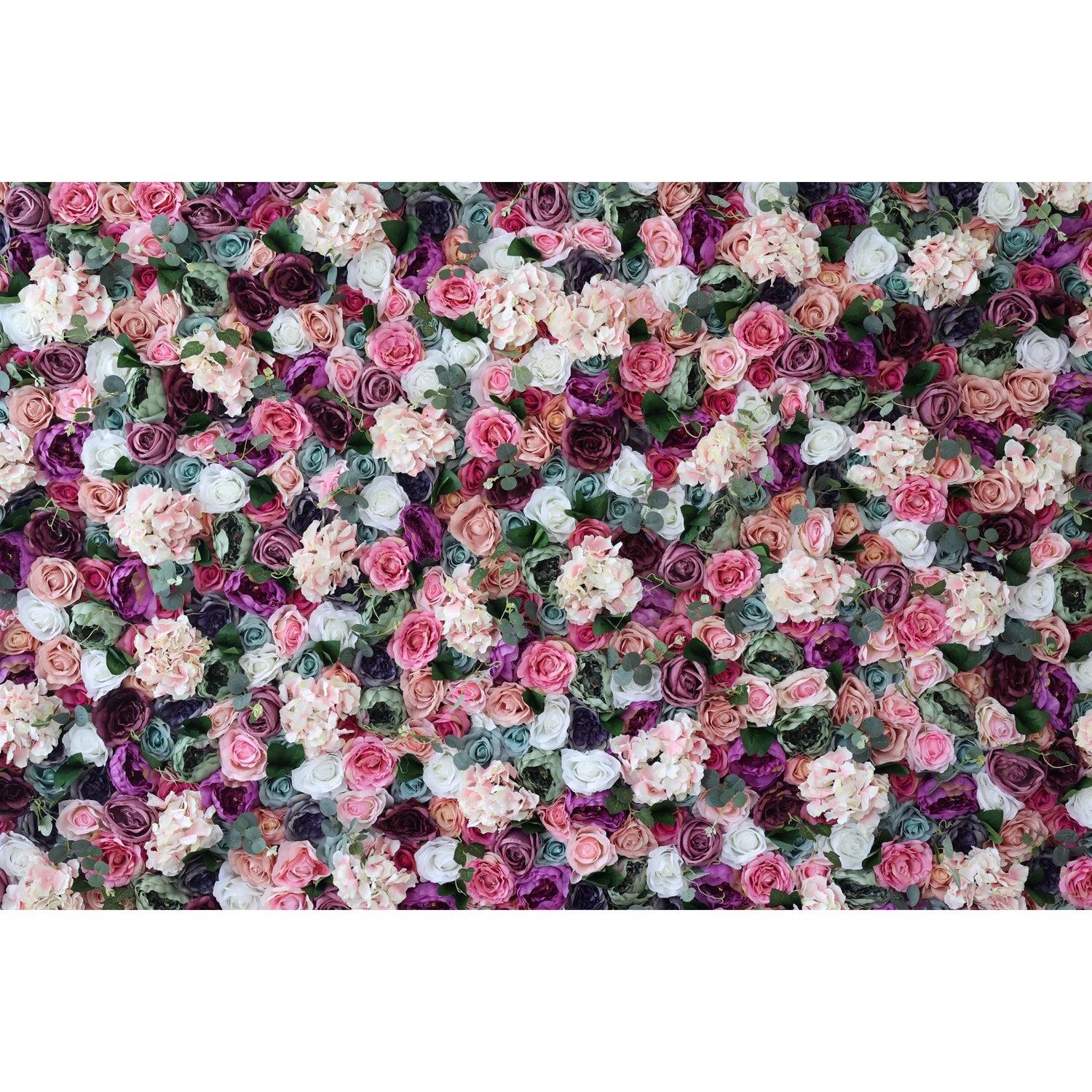 Valar Flowers Roll Up Fabric Artificial Mixed Eggplant Purple, White, Racing Green and Cranberry Pink Floral Wall Wedding Backdrop, Floral Party Decor, Event Photography-VF-080