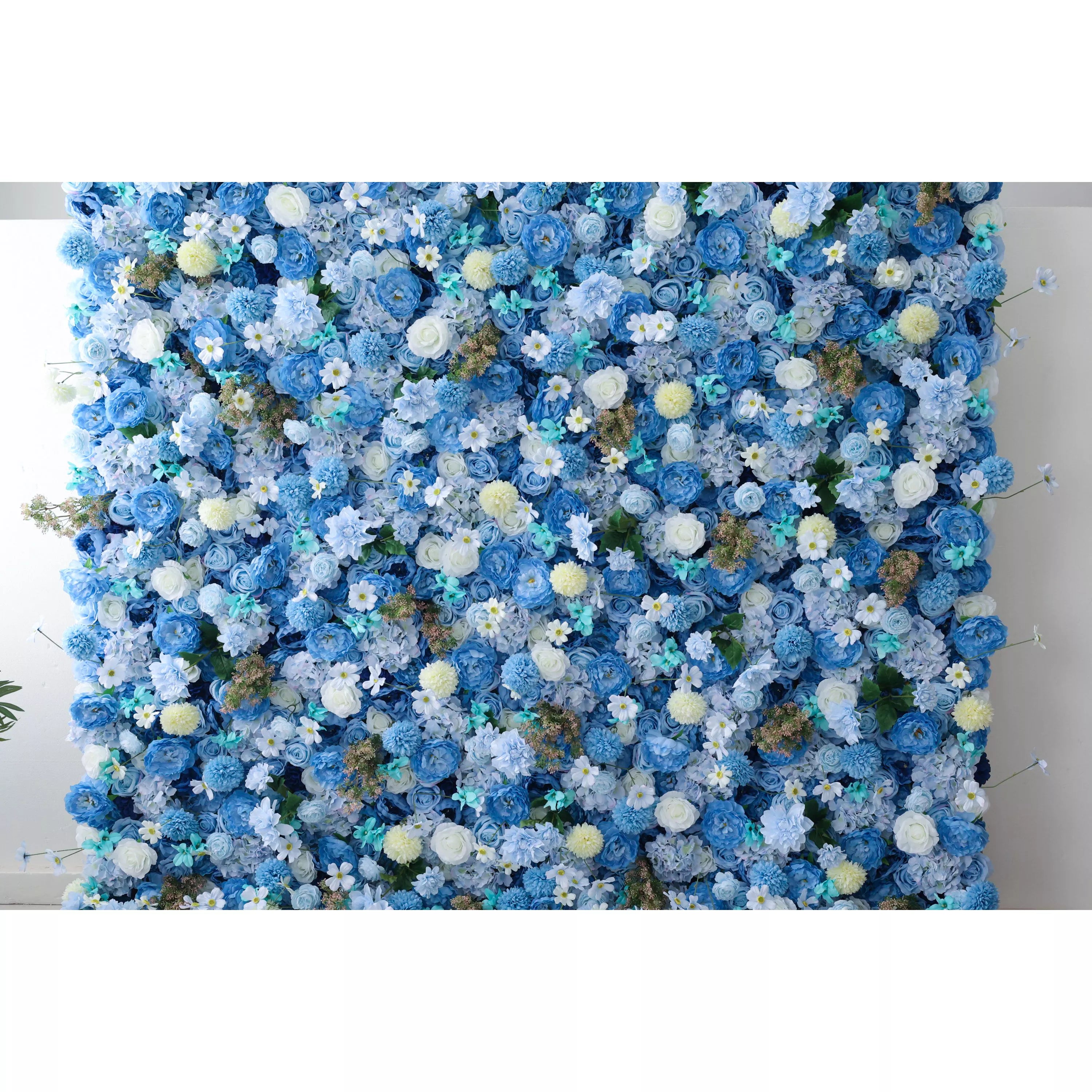 Valar Flowers apresenta: Azure Harmony – A Serene Symphony of Blue &amp; Pale Yellow Fabric Blooms – Parede Floral Ideal para Temas Náuticos, Eventos e Ambientes Interiores Tranquilos-VF-219-2