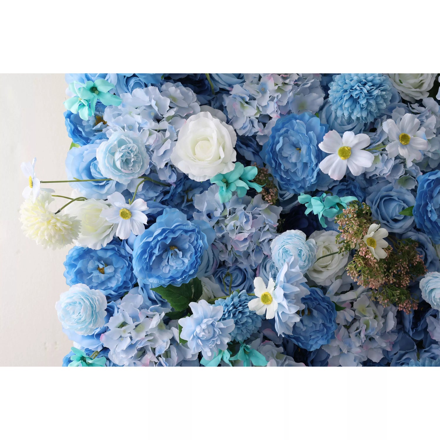 Valar Flowers Introduces: Azure Harmony – A Serene Symphony of Blue &amp; Pale Yellow Fabric Blooms – Ideal Floral Wall for Nautical Themes, Events &amp; Tranquil Interior Ambiances-VF-219-2